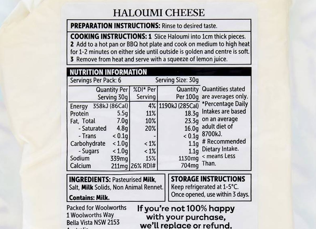Pack photograph of Woolworths Haloumi 180g showing the printed nutrition panel