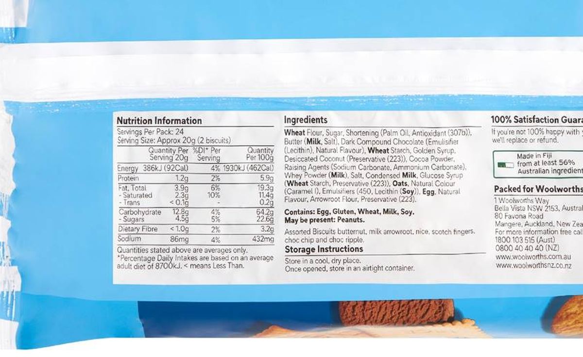 Pack photograph of Woolworths Family Assorted Biscuits 500g showing the printed nutrition panel