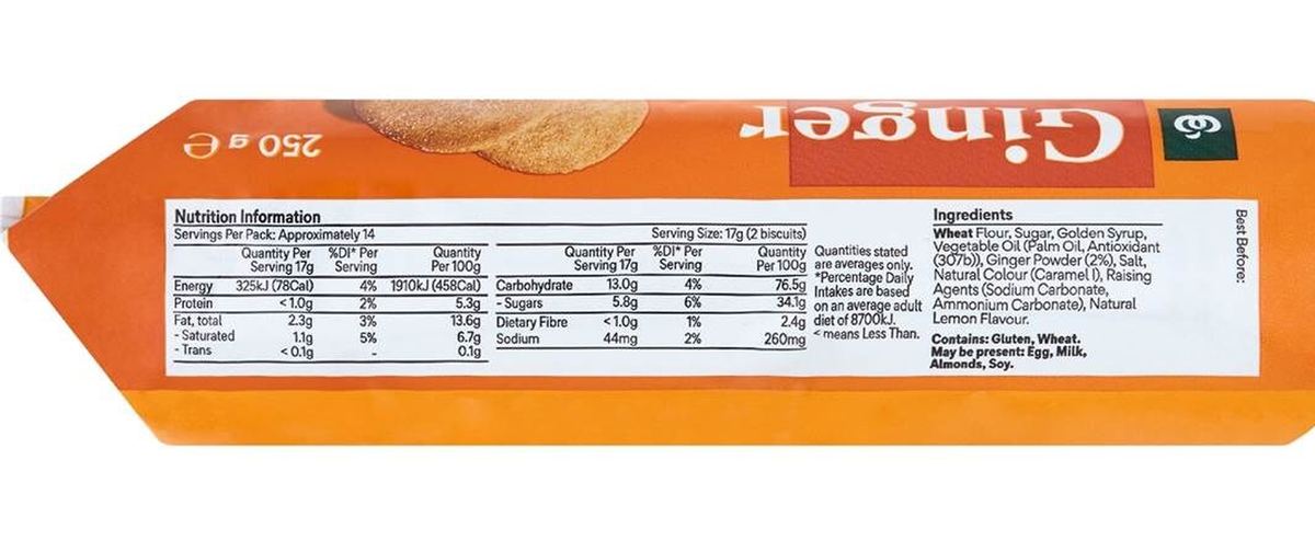 Pack photograph of Woolworths Gingernut Biscuits 250g showing the printed nutrition panel