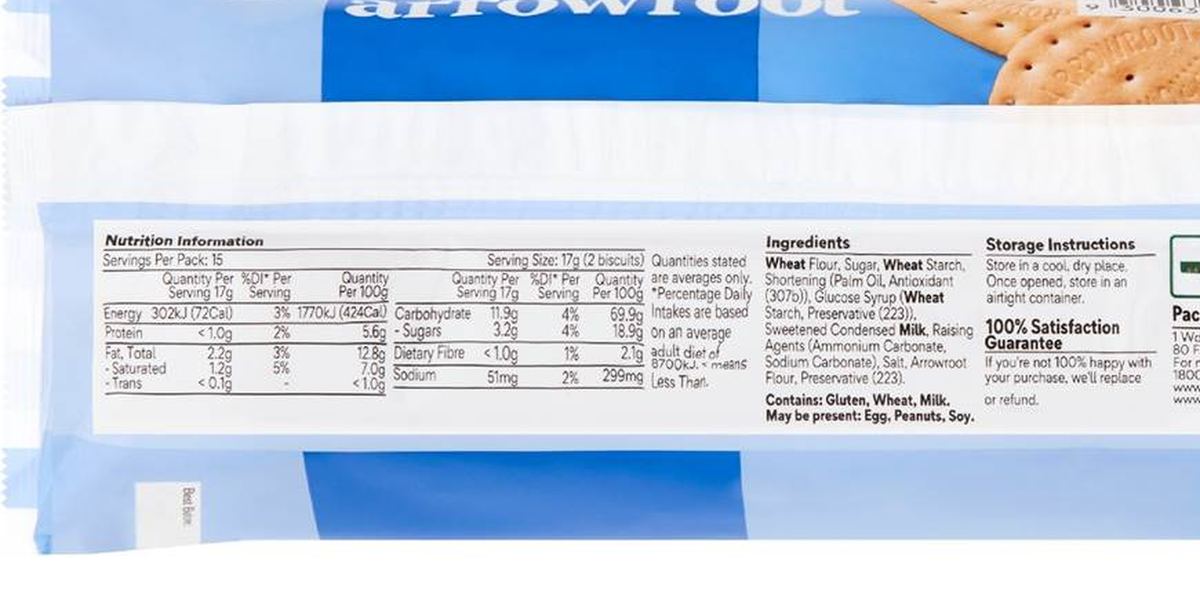 Pack photograph of Woolworths Arrowroot Milk Biscuits 250g showing the printed nutrition panel