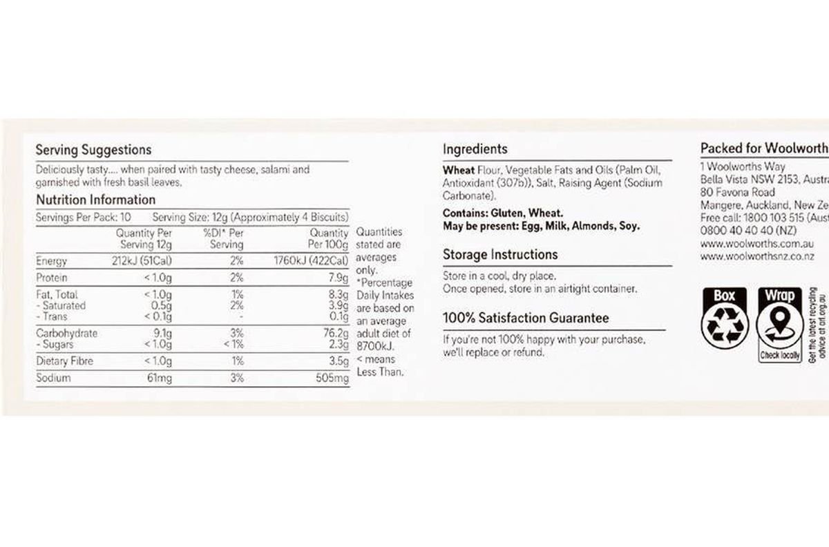Pack photograph of Woolworths Plain Water Crackers 125g showing the printed nutrition panel