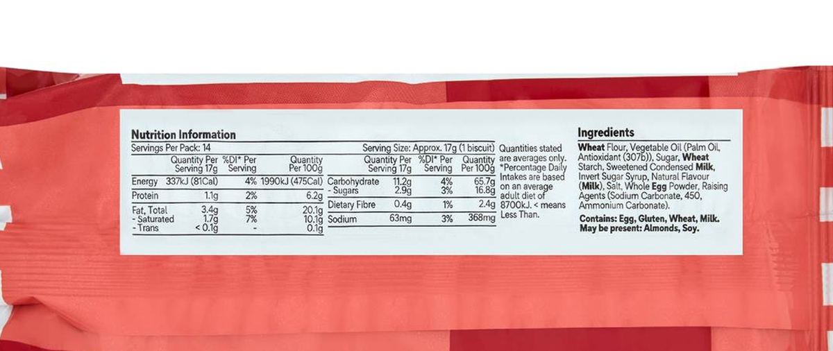Pack photograph of Woolworths Scotch Finger Biscuits 250g showing the printed nutrition panel