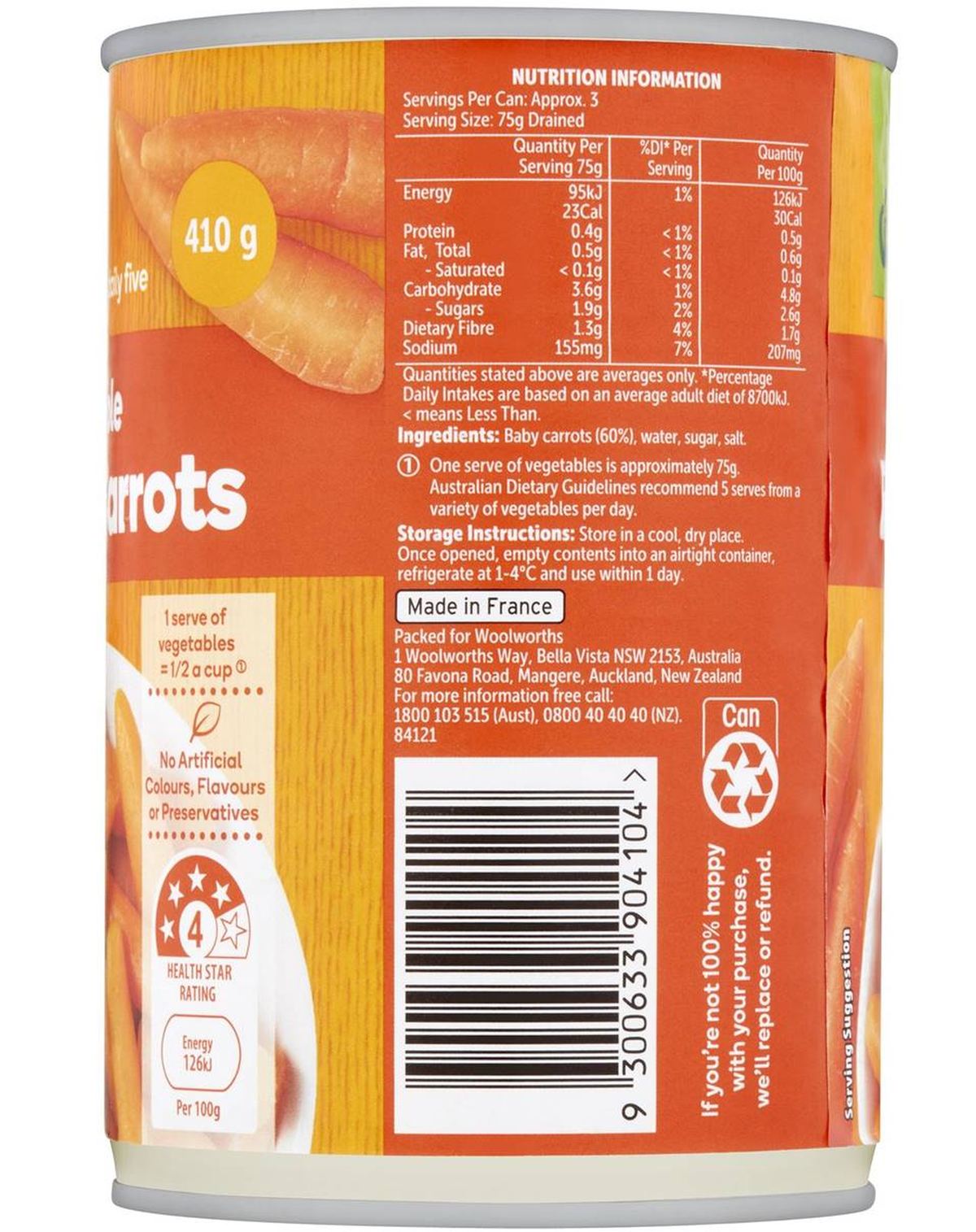 Pack photograph of Woolworths Whole Baby Carrots Baby 410g showing the printed nutrition panel