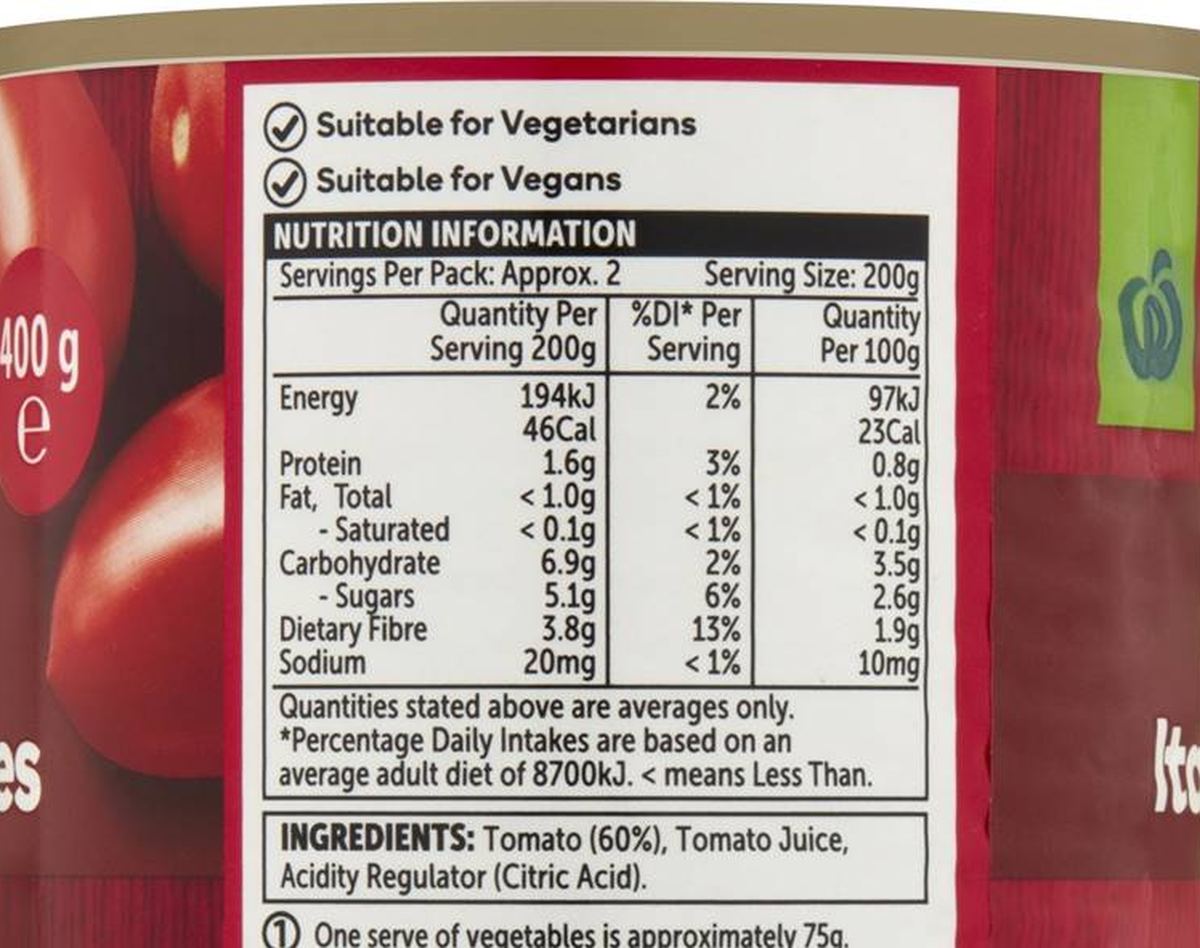 Pack photograph of Woolworths Italian Peeled Tomatoes 400g showing the printed nutrition panel