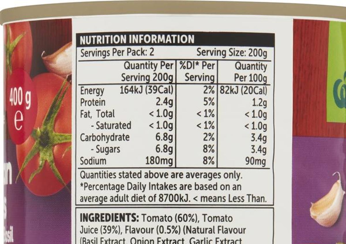 Pack photograph of Woolworths Italian Tomatoes With Onion Garlic & Basil 400g showing the printed nutrition panel