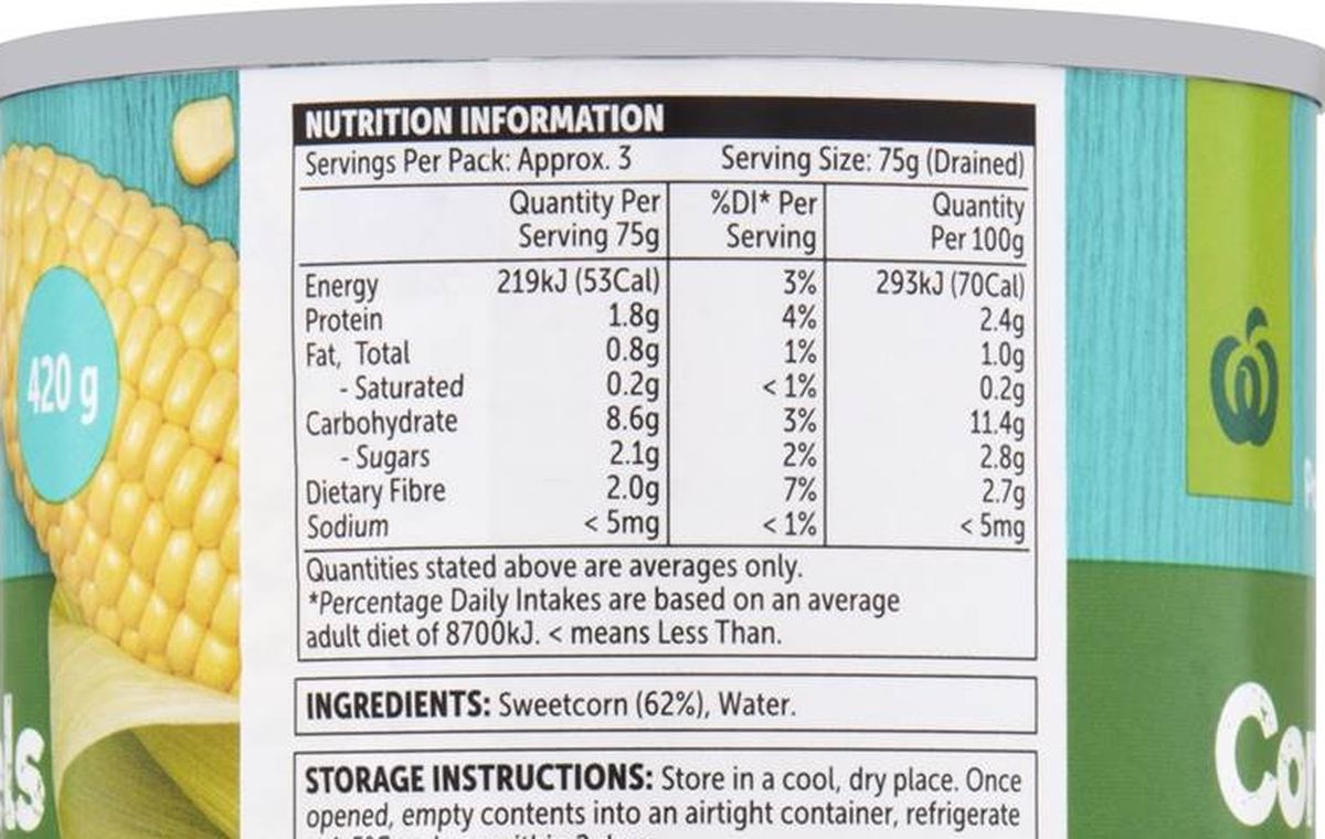 Pack photograph of Woolworths Corn Sweet Kernels 420g showing the printed nutrition panel