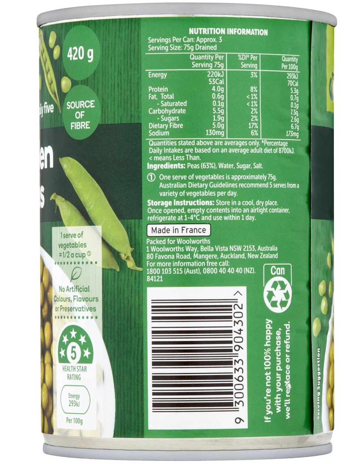 Pack photograph of Woolworths Garden Peas Green 420g showing the printed nutrition panel