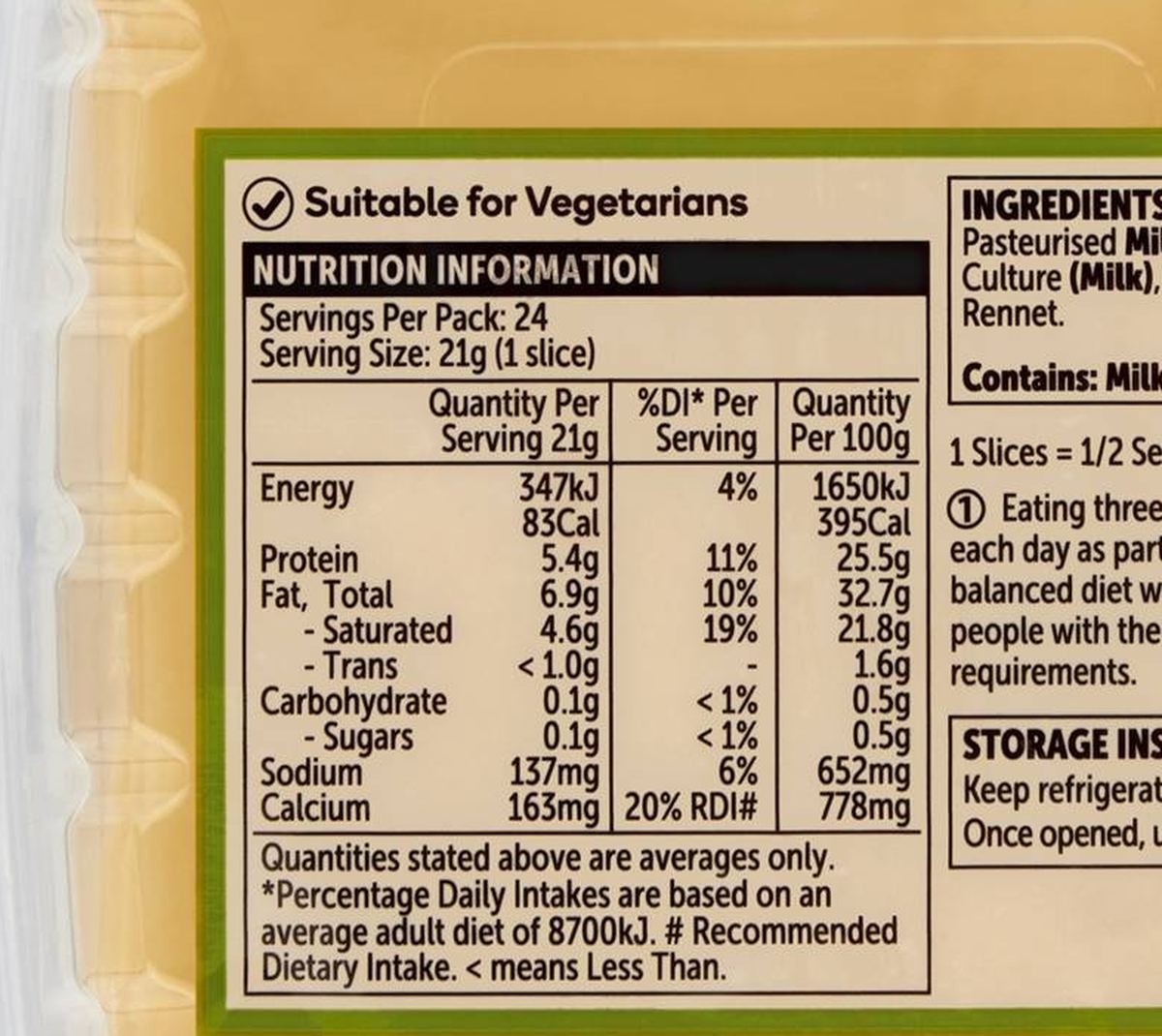 Pack photograph of Woolworths Tasty Cheese Slices 500g showing the printed nutrition panel