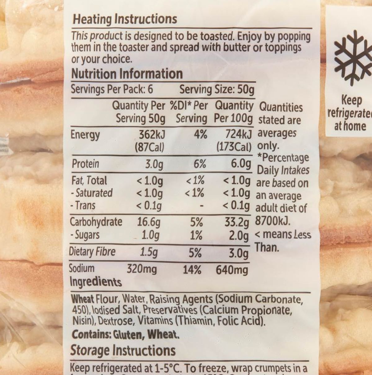Pack photograph of Woolworths Crumpets 6 pack showing the printed nutrition panel