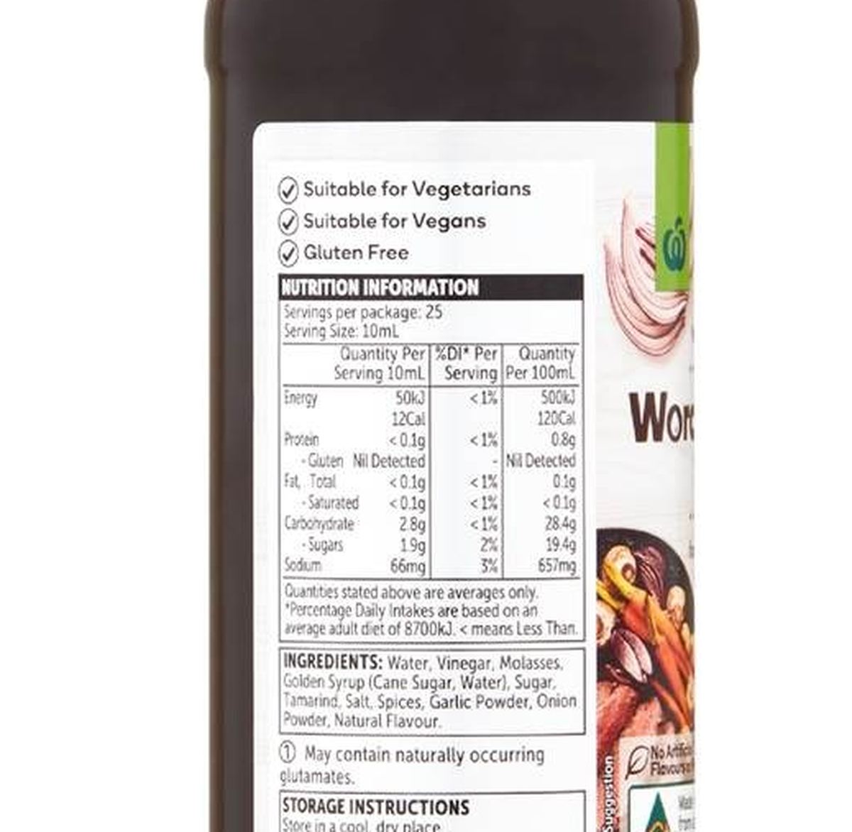 Pack photograph of Woolworths Worcestershire Sauce 250mL showing the printed nutrition panel
