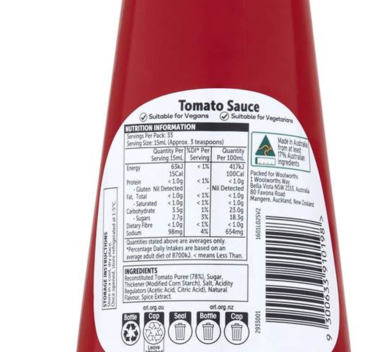 Pack photograph of Woolworths Tomato Sauce Squeeze 500mL showing the printed nutrition panel