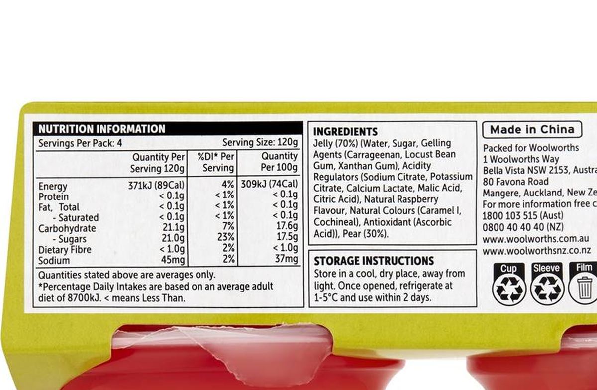 Pack photograph of Woolworths Pear In Raspberry Flavoured Jelly 120g x 4 pack showing the printed nutrition panel