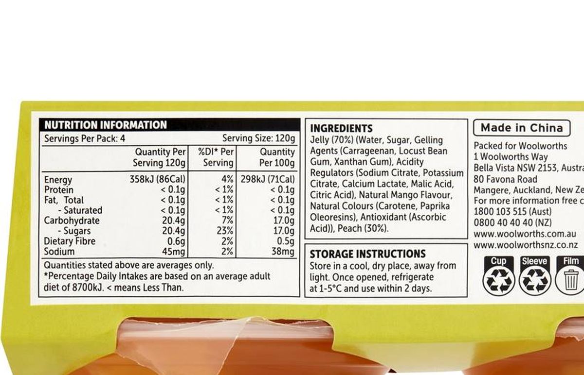 Pack photograph of Woolworths Peach In Mango Flavoured Jelly 4 pack showing the printed nutrition panel
