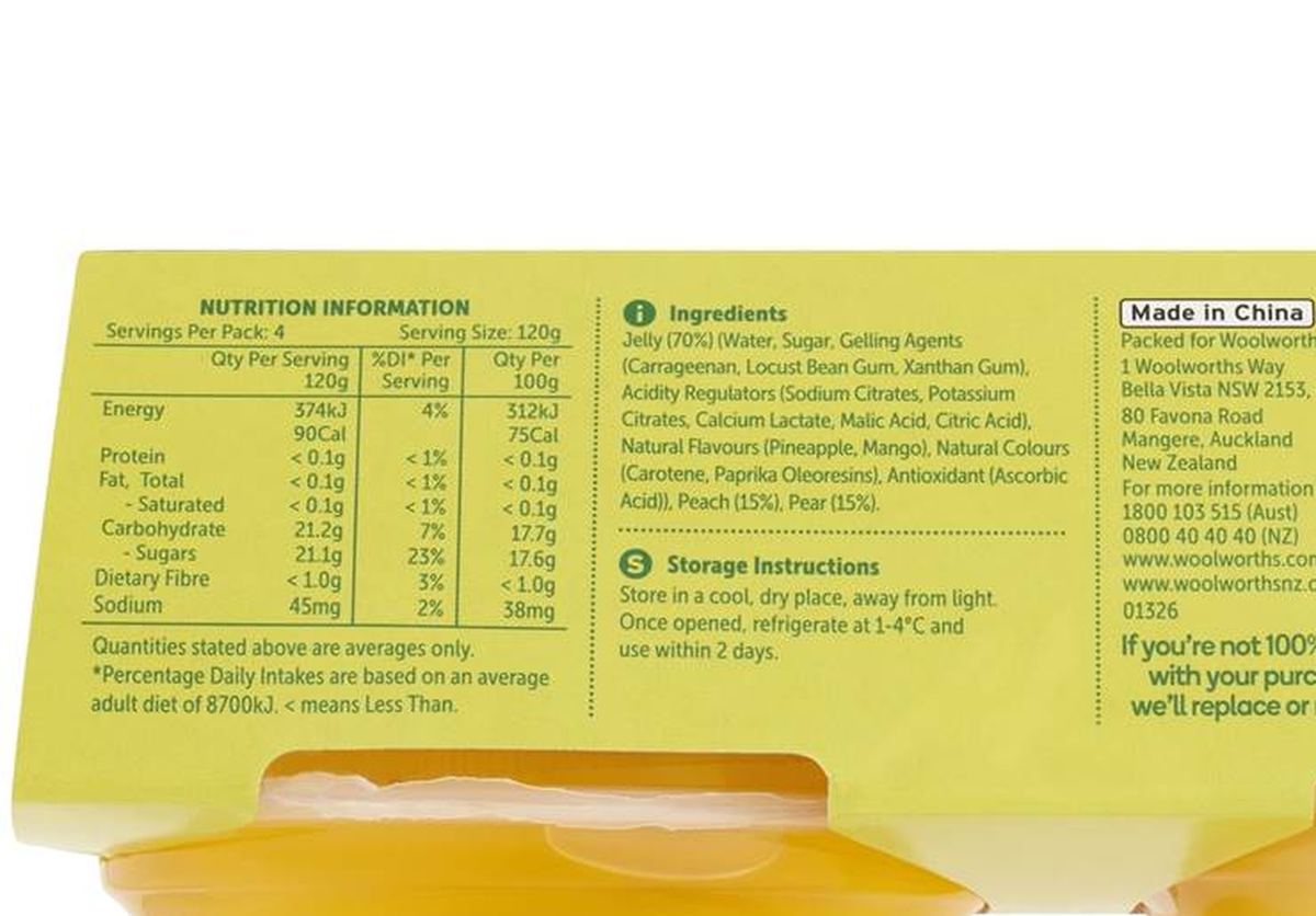 Pack photograph of Woolworths Two Fruits In Tropical Jelly 4 pack showing the printed nutrition panel