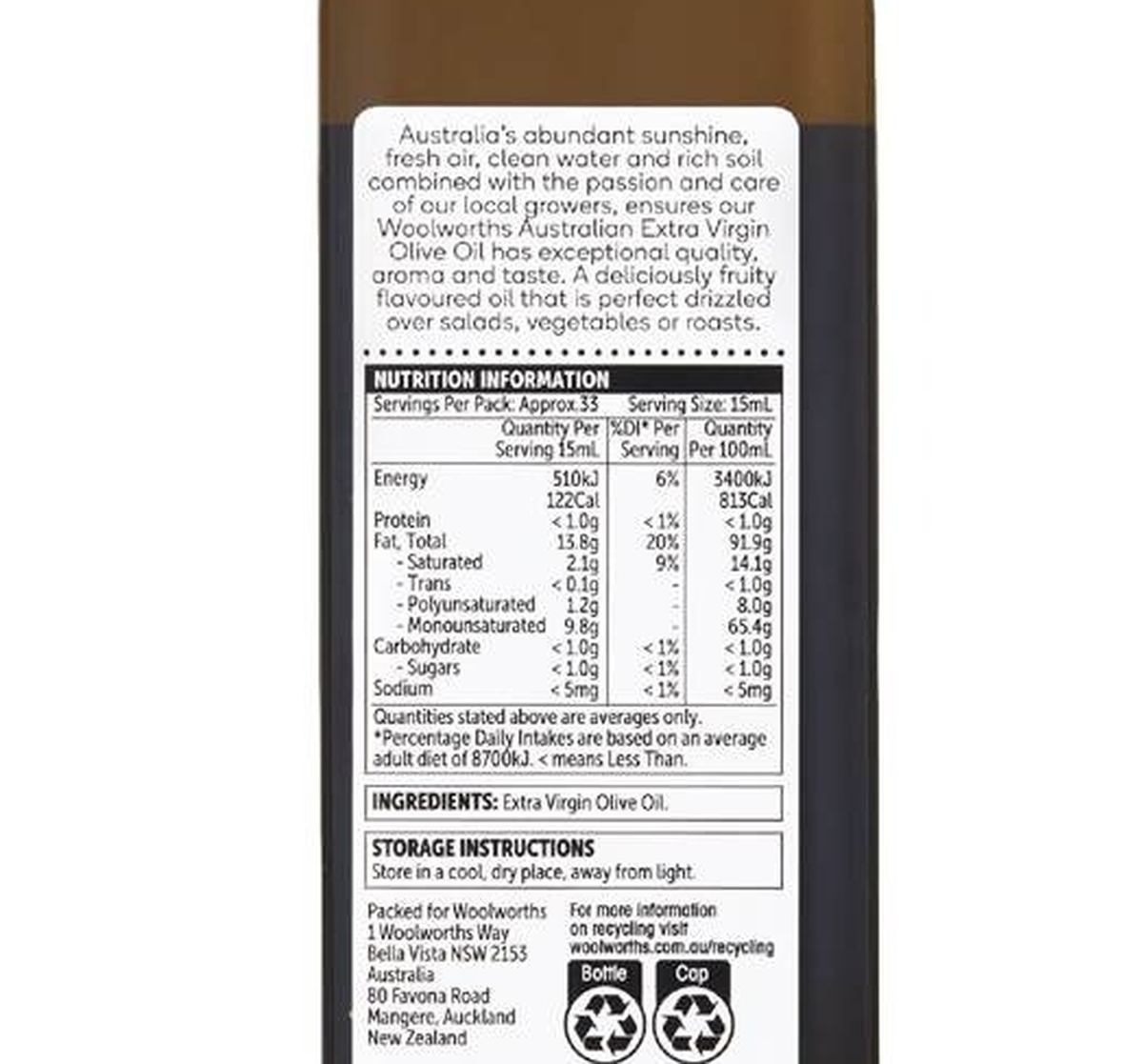 Pack photograph of Woolworths Extra Virgin Olive Oil 500mL showing the printed nutrition panel