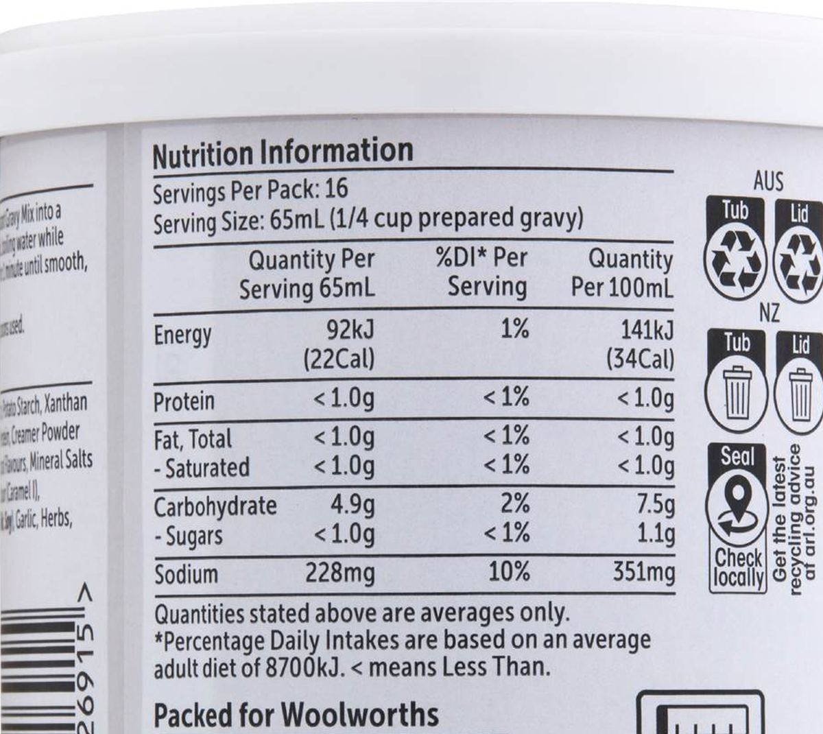Pack photograph of Woolworths Flavoured Instant Gravy Chicken 120g showing the printed nutrition panel