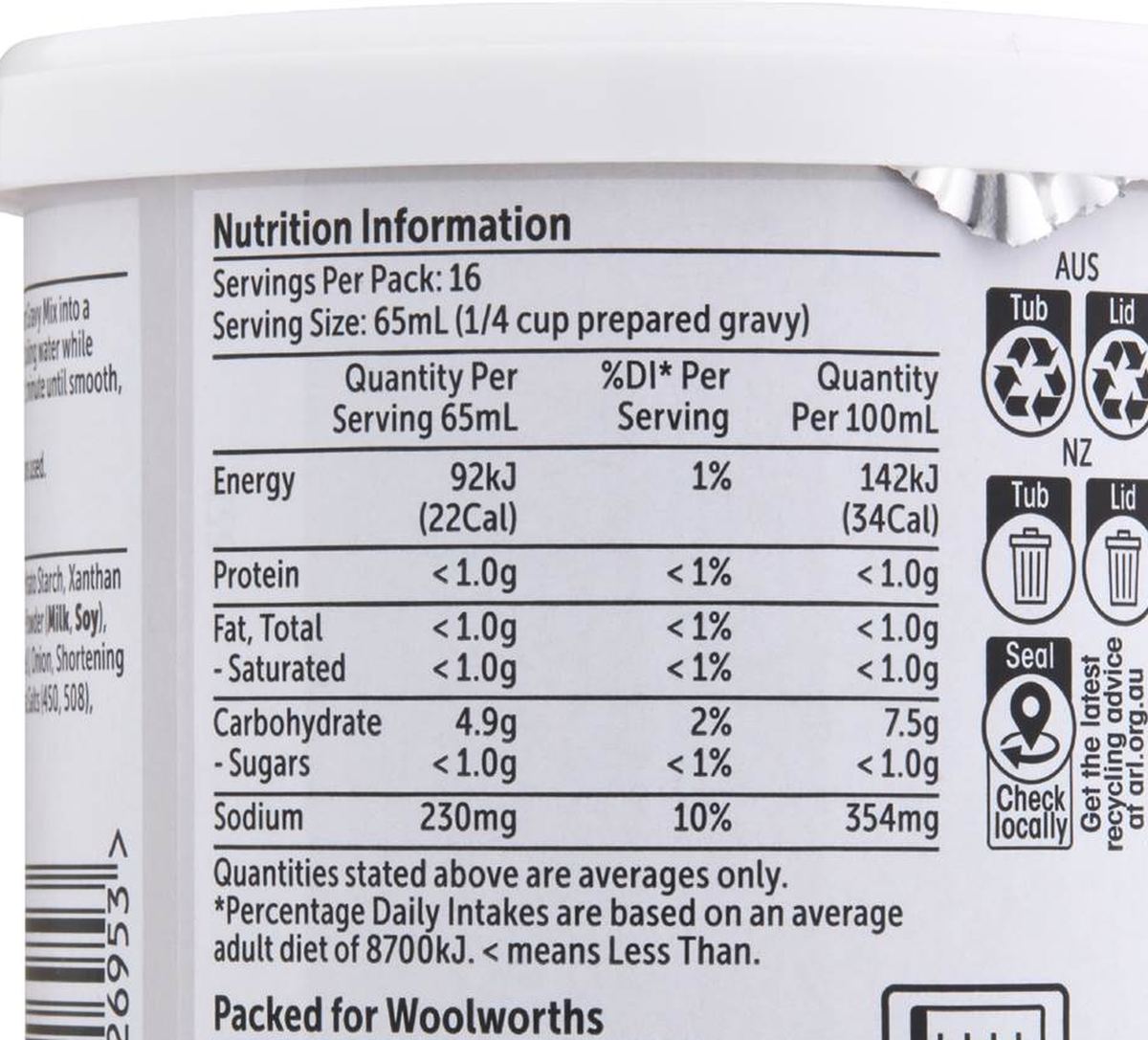 Pack photograph of Woolworths Roast Meat Flavoured Instant Gravy 120g showing the printed nutrition panel