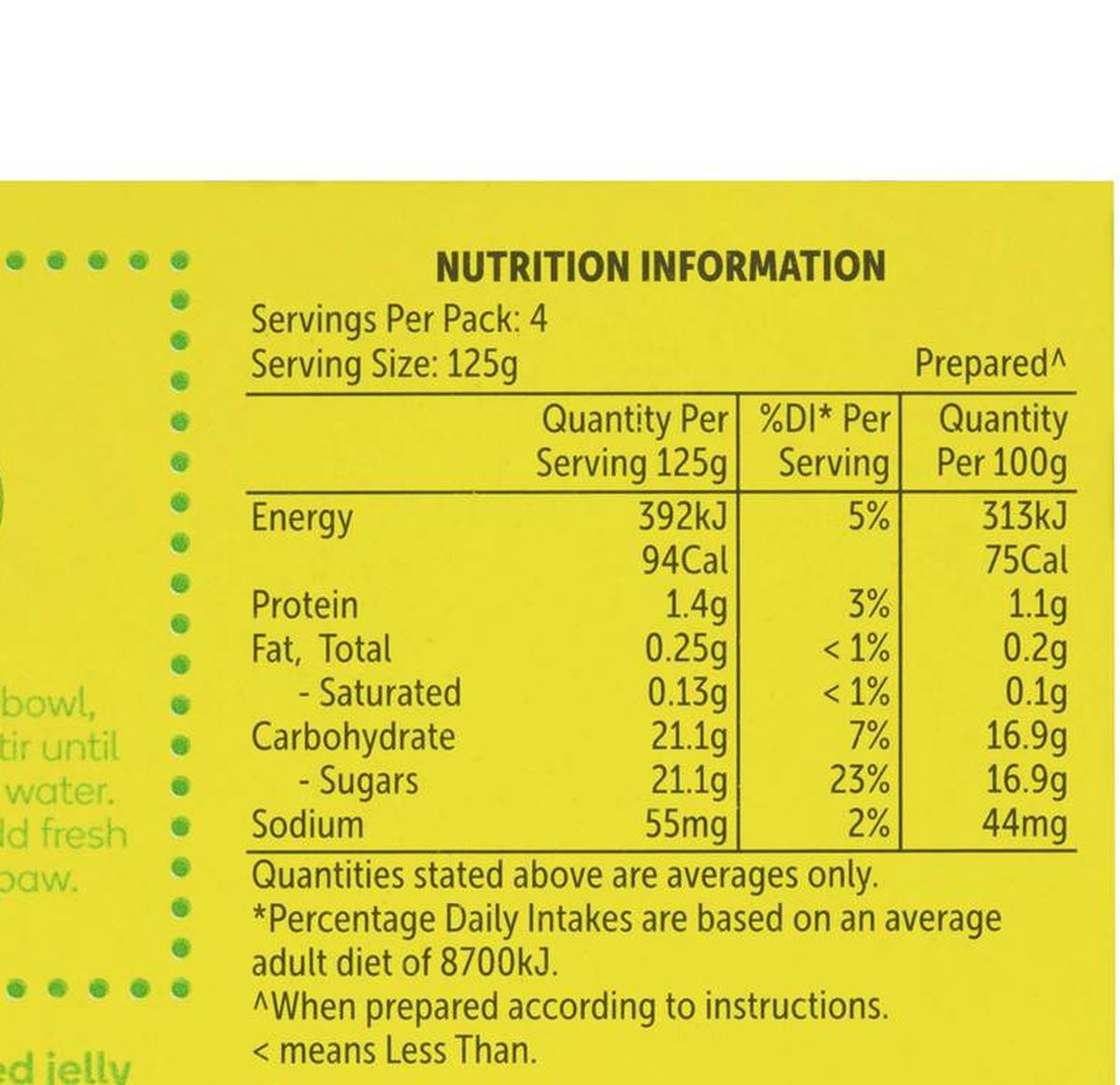 Pack photograph of Woolworths Jelly Lime 85g showing the printed nutrition panel
