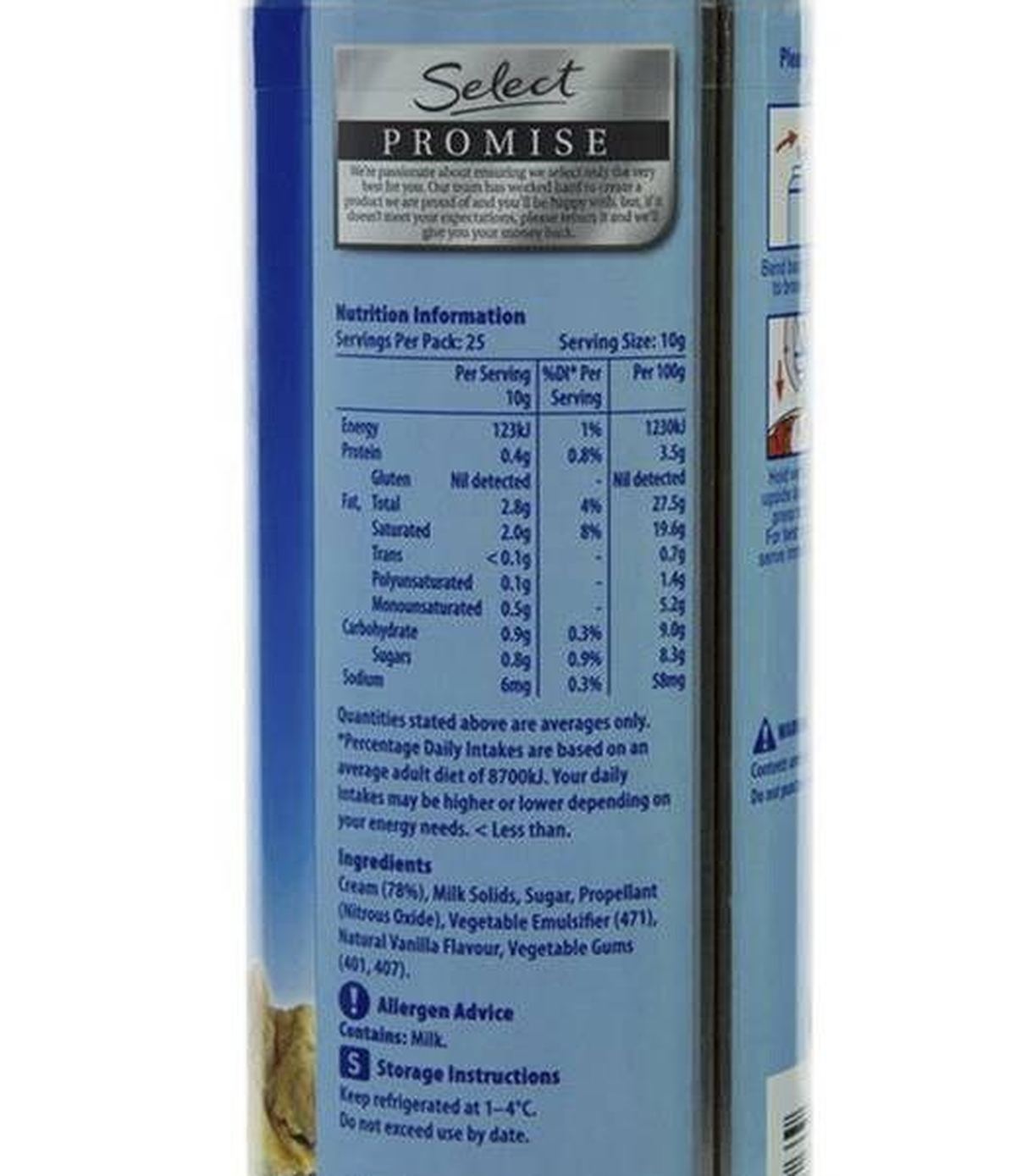 Pack photograph of Woolworths Whipped Cream 250g showing the printed nutrition panel