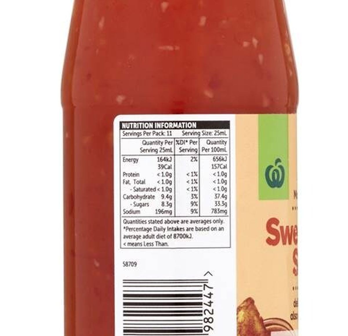 Pack photograph of Woolworths Sweet Chilli Sauce 280mL showing the printed nutrition panel