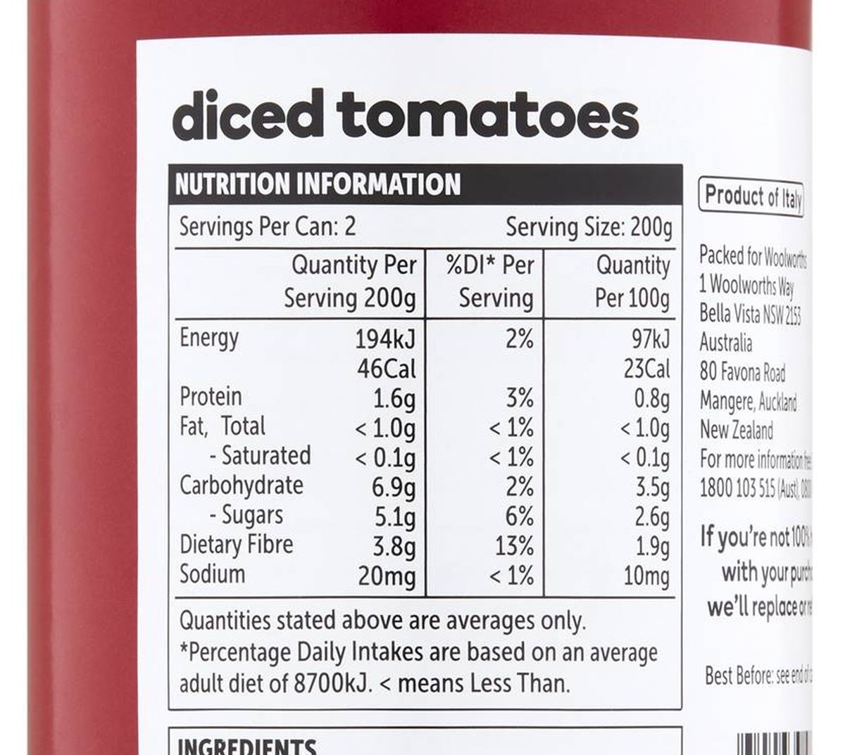 Pack photograph of Woolworths Essentials Diced Tomatoes 400g showing the printed nutrition panel
