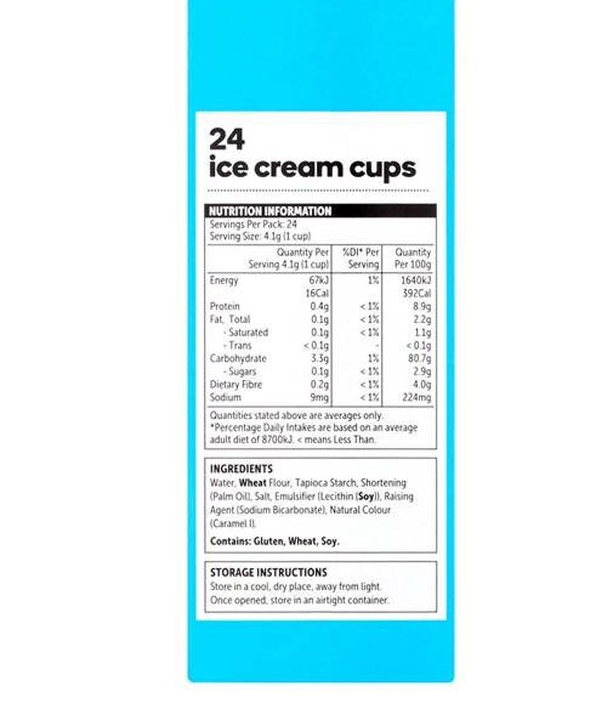 Pack photograph of Woolworths Essentials Ice Cream Cone Cups 24 pack showing the printed nutrition panel