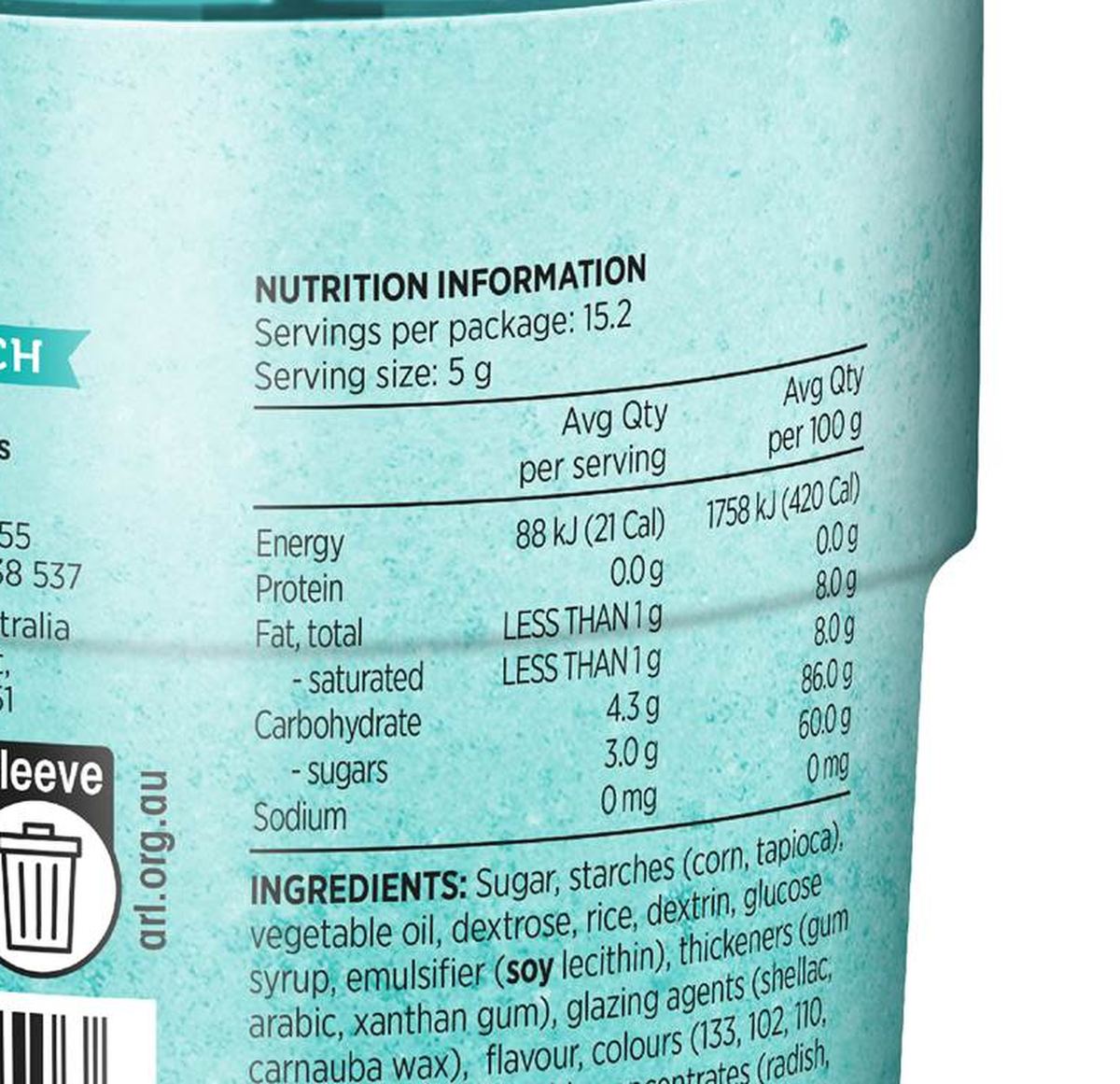 Pack photograph of Queen Adventure Mix Sprinkles 76g showing the printed nutrition panel