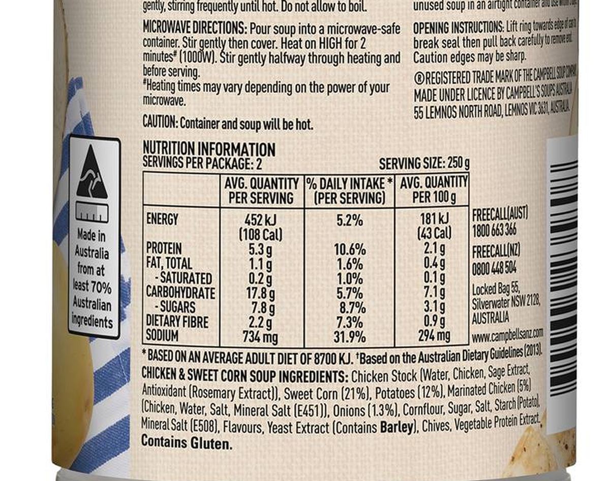Pack photograph of Campbell's Country Ladle Soup Chicken & Sweet Corn 505g showing the printed nutrition panel