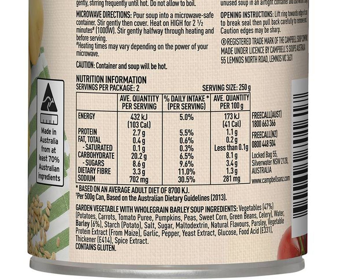 Pack photograph of Campbell's Country Ladle Soup Garden Vegetable & Wholegrain Barley 500g showing the printed nutrition panel