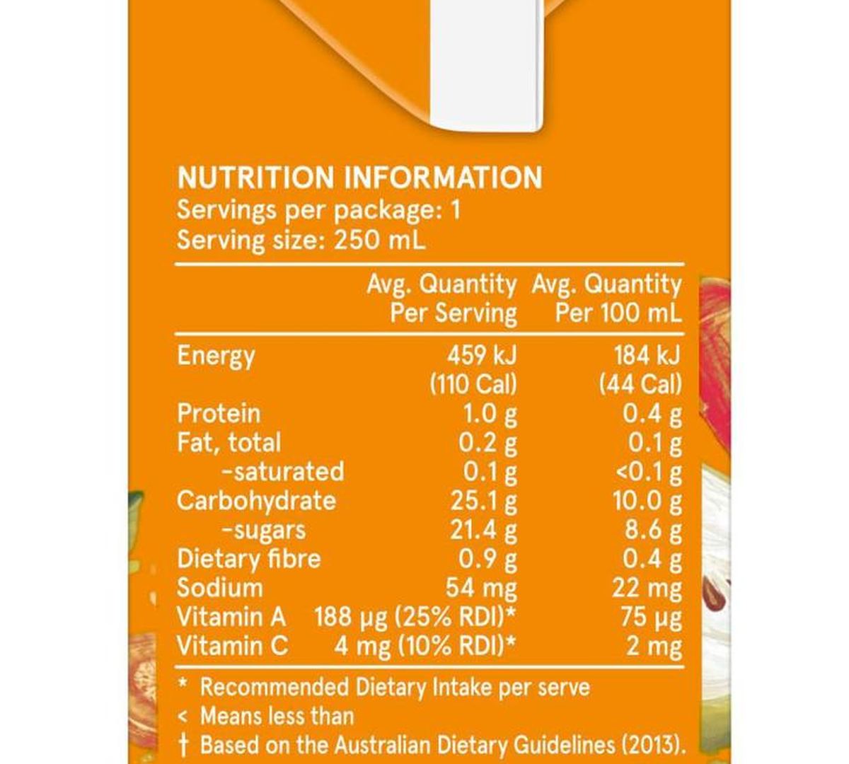 Pack photograph of V8 Tropical Juce 250mL x 3 pack showing the printed nutrition panel