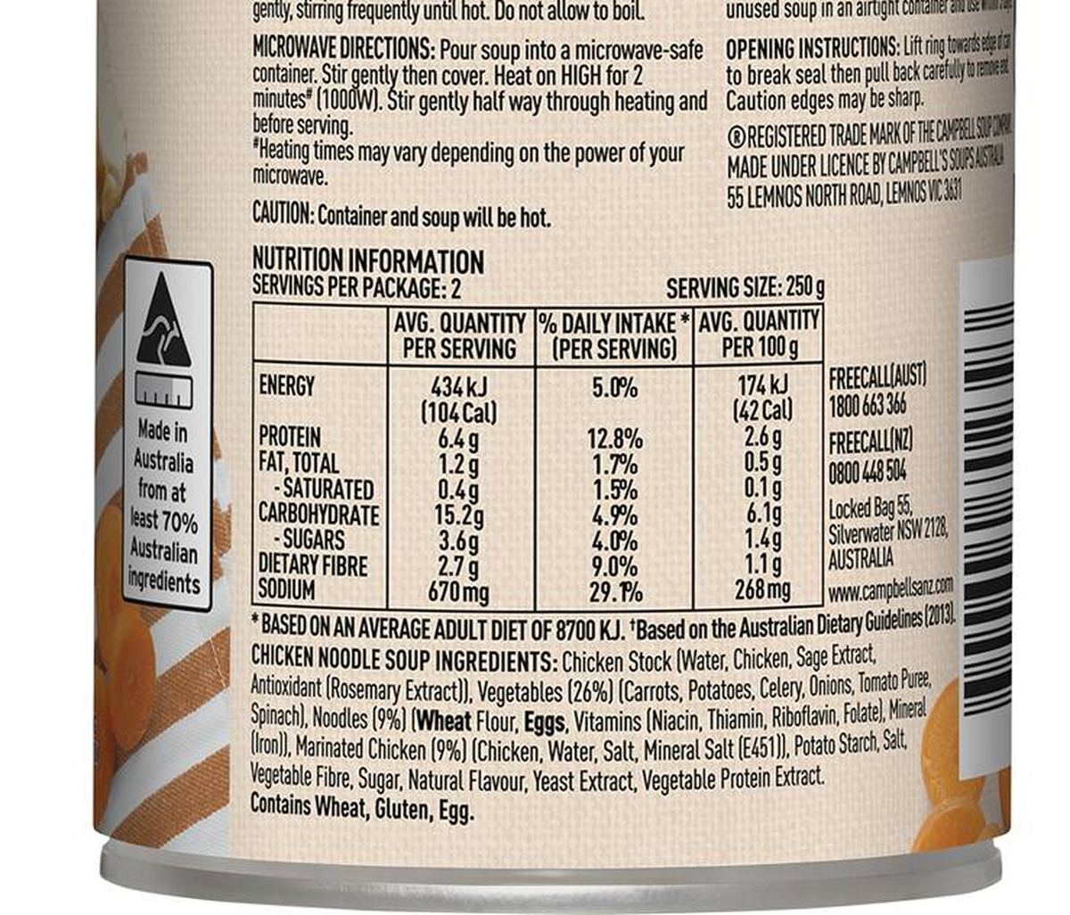 Pack photograph of Campbell's Country Ladle Soup Chicken Noodle 500g showing the printed nutrition panel