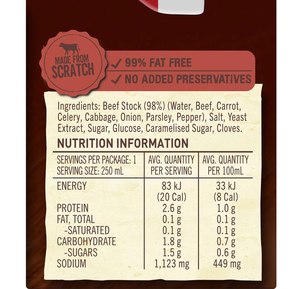 Pack photograph of Campbell's Real Stock Beef Liquid Stock 250mL showing the printed nutrition panel