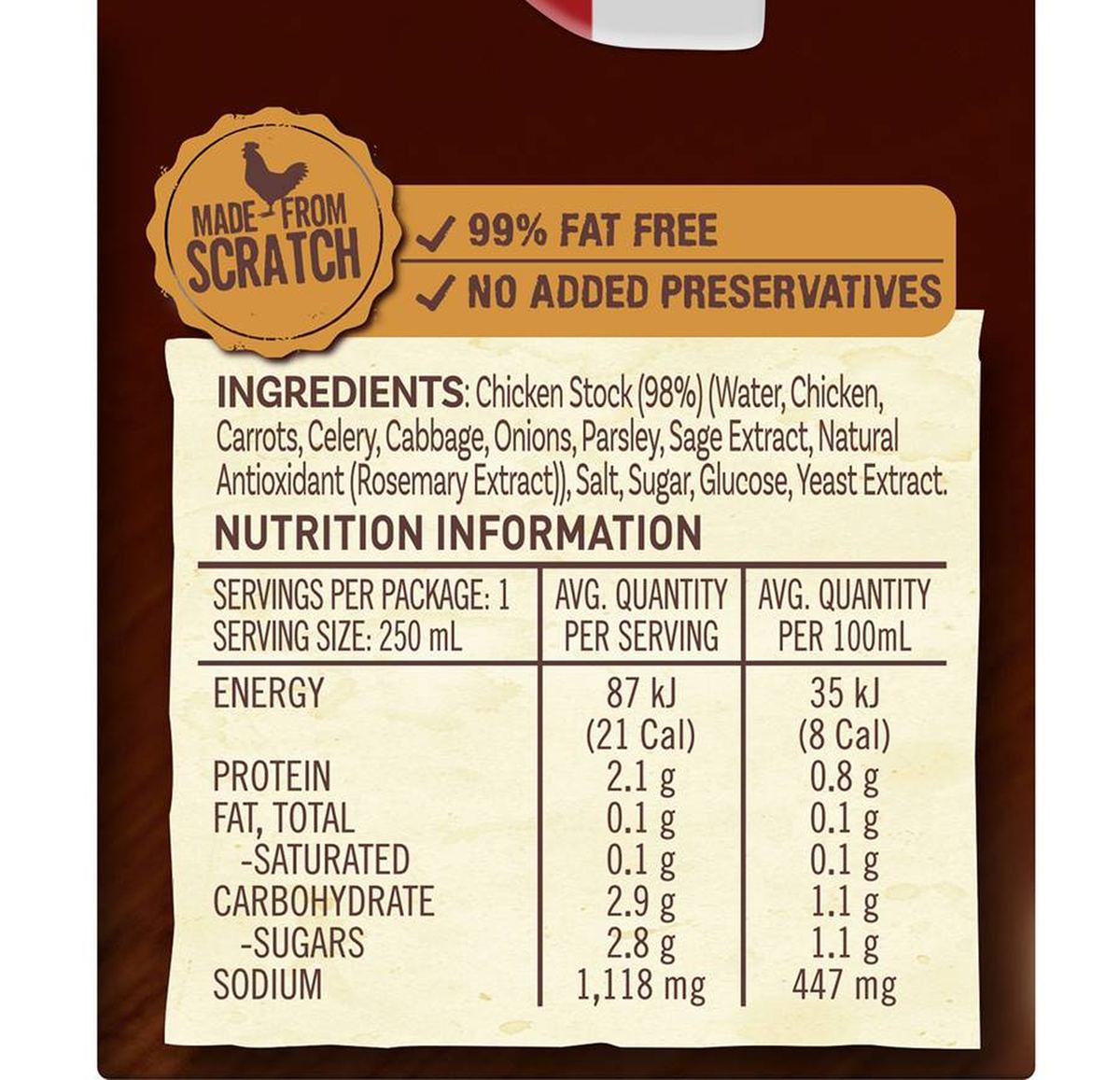Pack photograph of Campbell's Real Stock Chicken Liquid Stock 250mL showing the printed nutrition panel