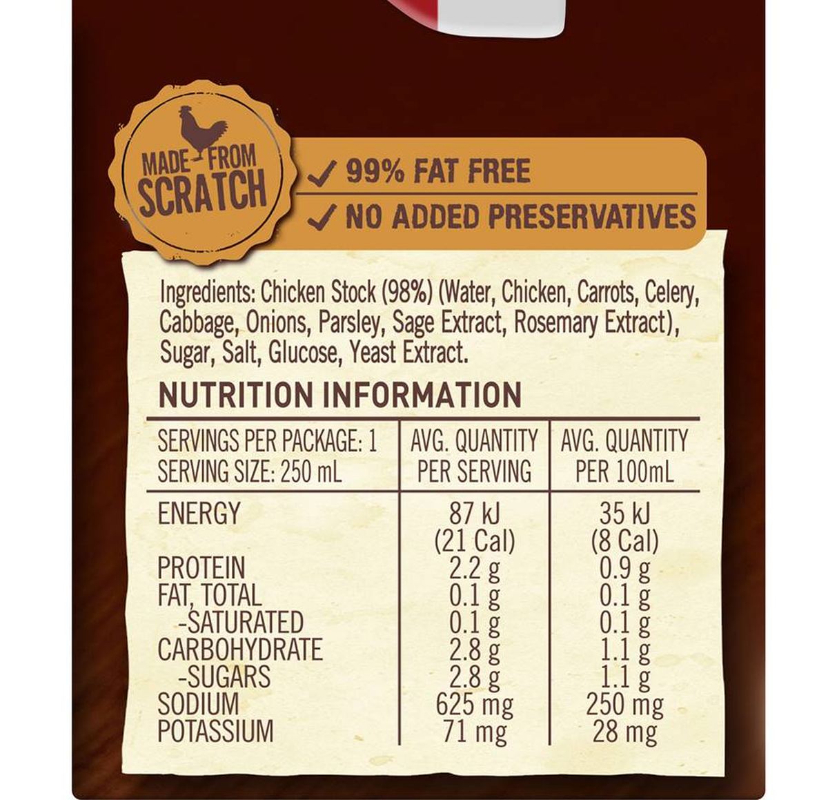 Pack photograph of Campbell's Real Stock Salt Reduced Chicken 250mL showing the printed nutrition panel
