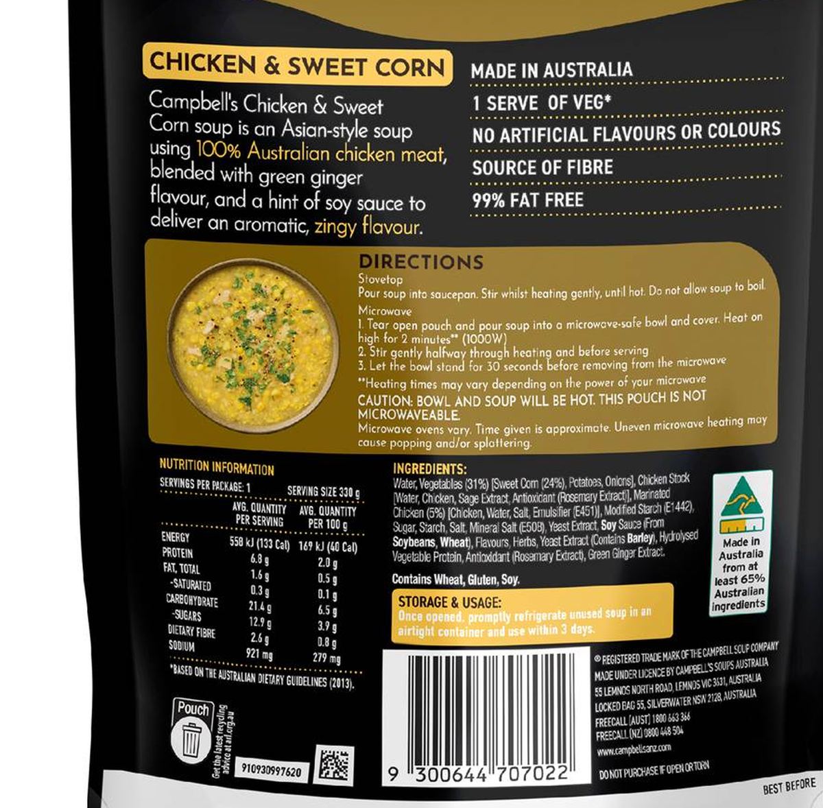 Pack photograph of Campbell's Real Soup Pouch Chicken & Sweet Corn 330g showing the printed nutrition panel