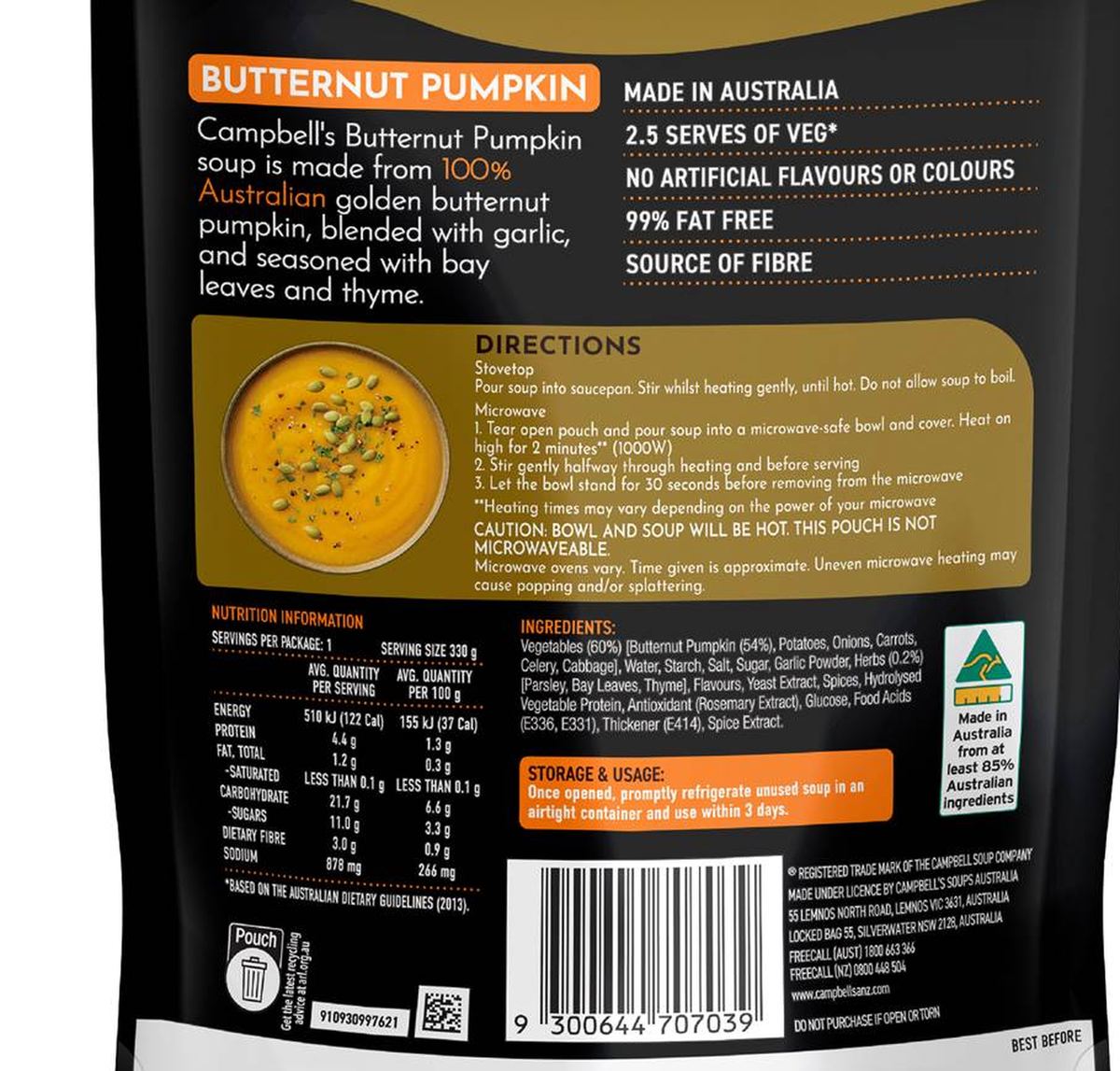 Pack photograph of Campbell's Real Soup Pouch Butternut Pumpkin 330g showing the printed nutrition panel