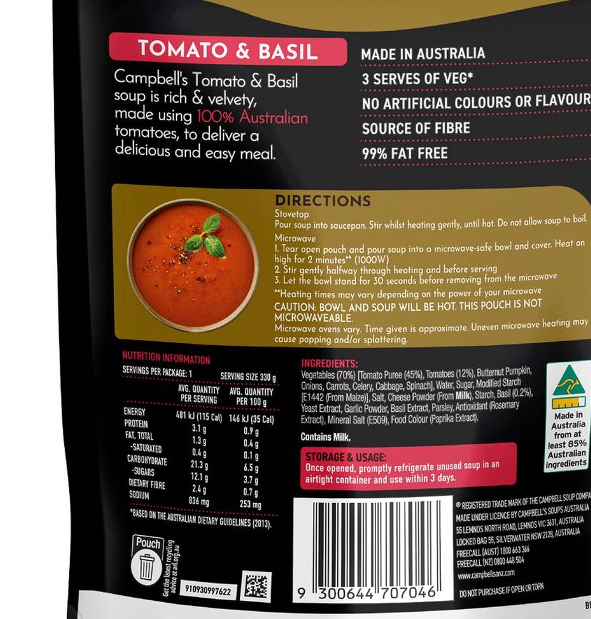 Pack photograph of Campbell's Real Soup Pouch Tomato & Basil 330g showing the printed nutrition panel