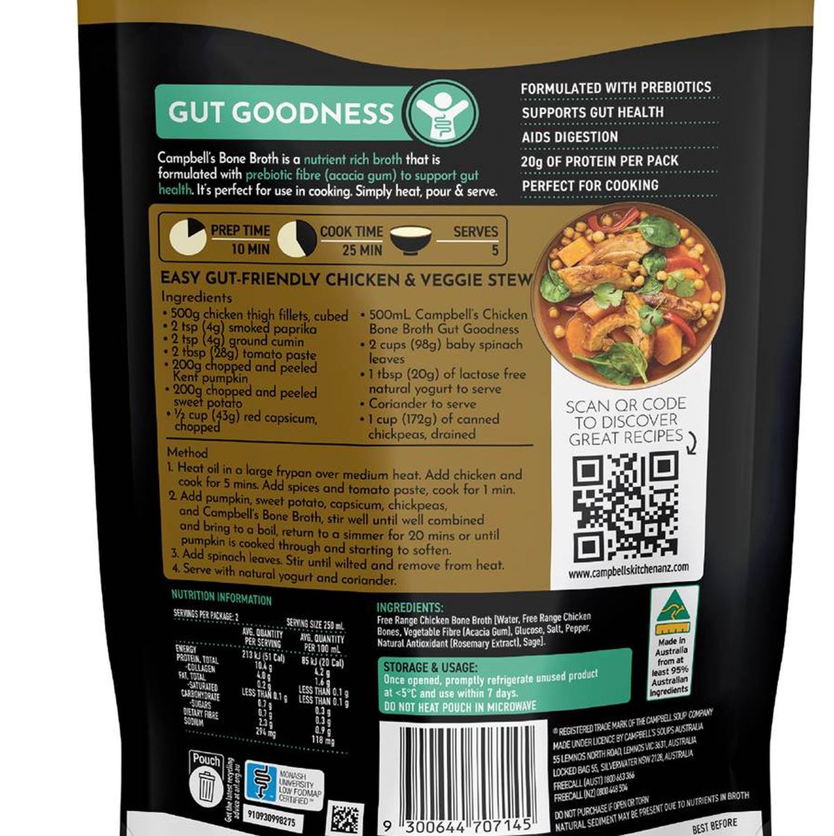 Pack photograph of Campbell's Real Bone Broth Gut Goodness 500mL showing the printed nutrition panel
