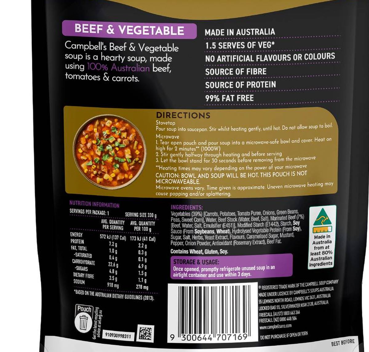 Pack photograph of Campbell's Real Soup Pouch Beef & Vegetable 330g showing the printed nutrition panel