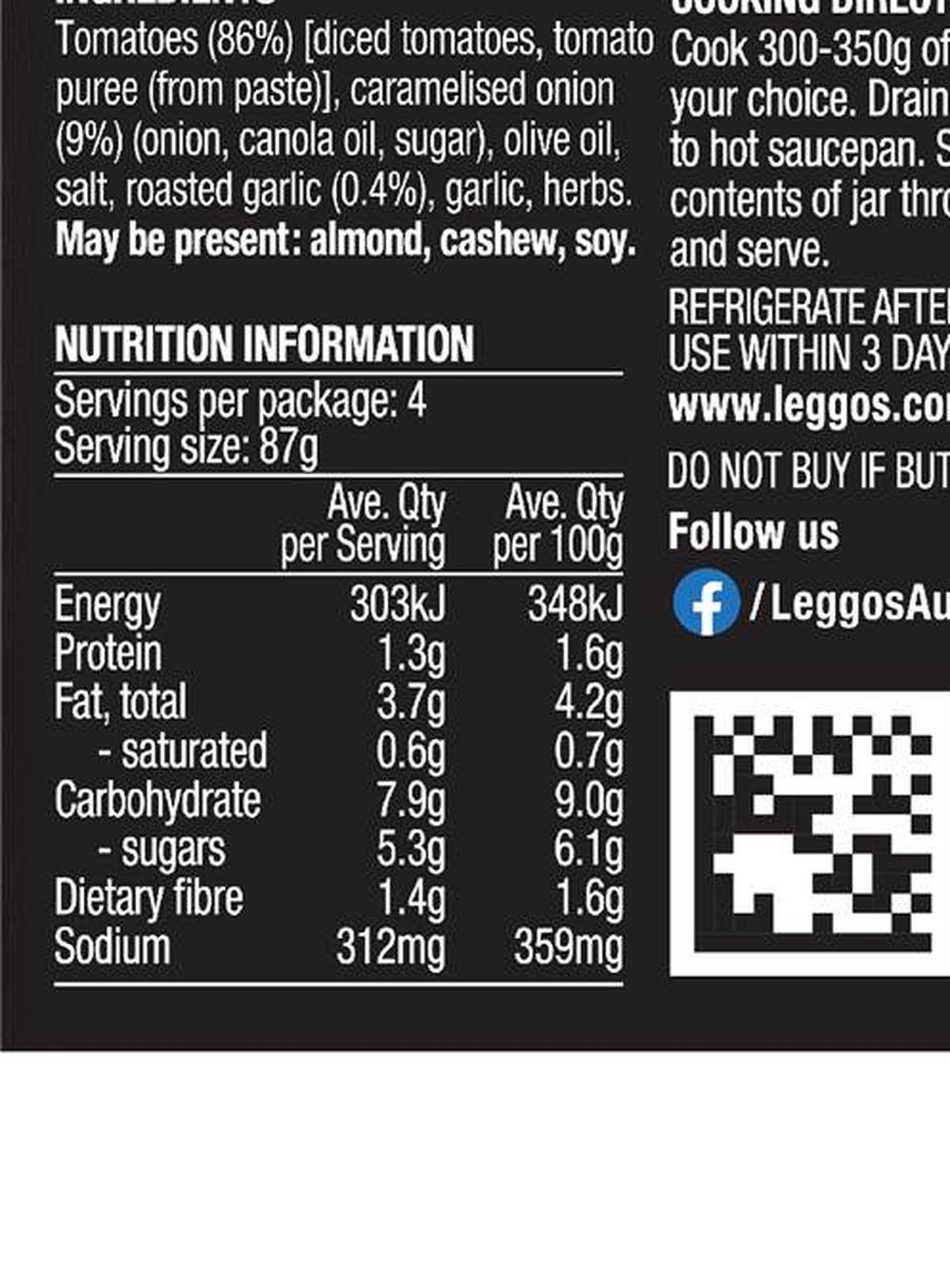 Pack photograph of Leggo's Stir Through Tomato Garlic & Caramelised Onion Sauce 350g showing the printed nutrition panel