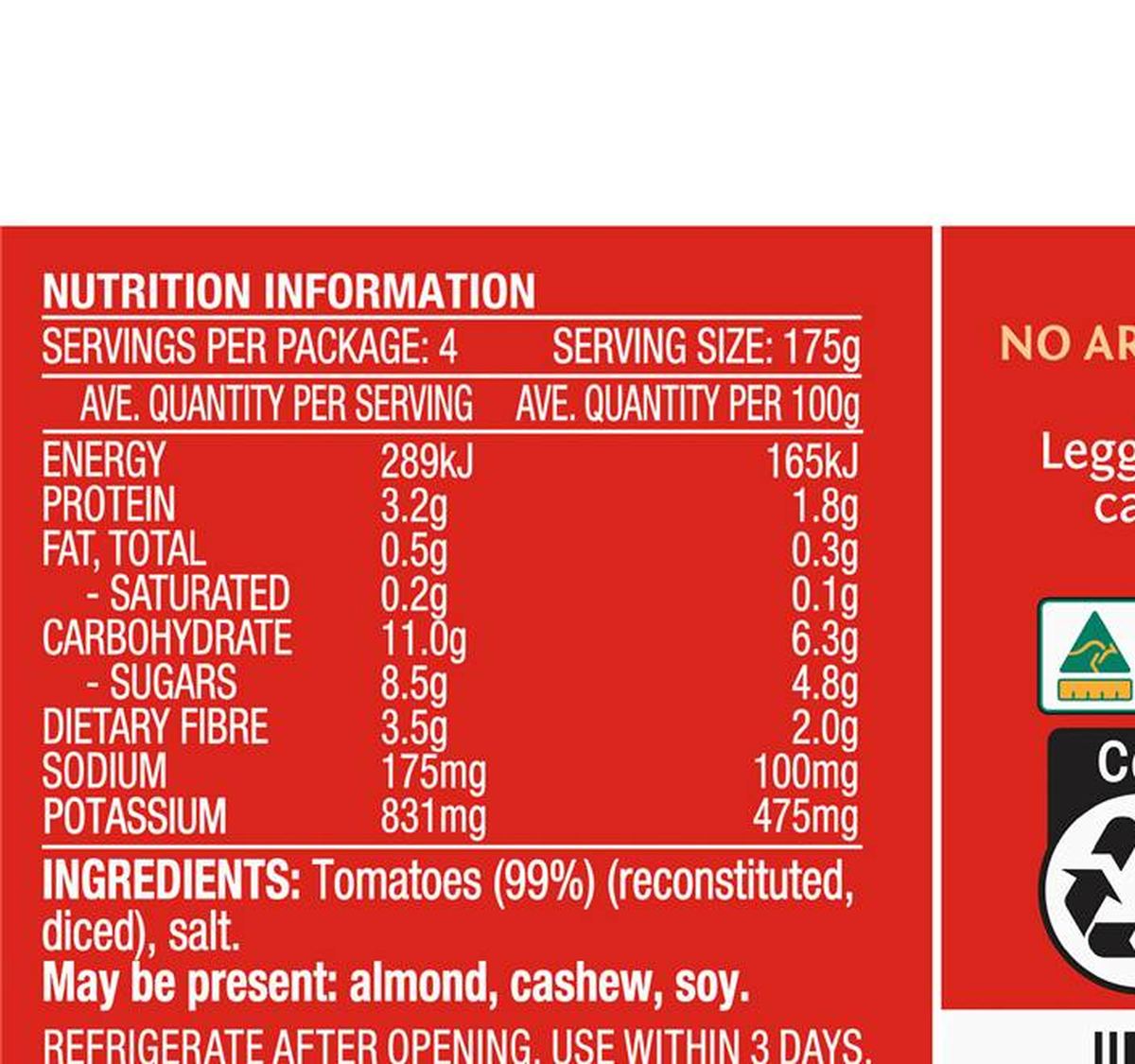 Pack photograph of Leggo's Australian Tomato Passata Sauce Rustic Thick & Chunky 700g showing the printed nutrition panel