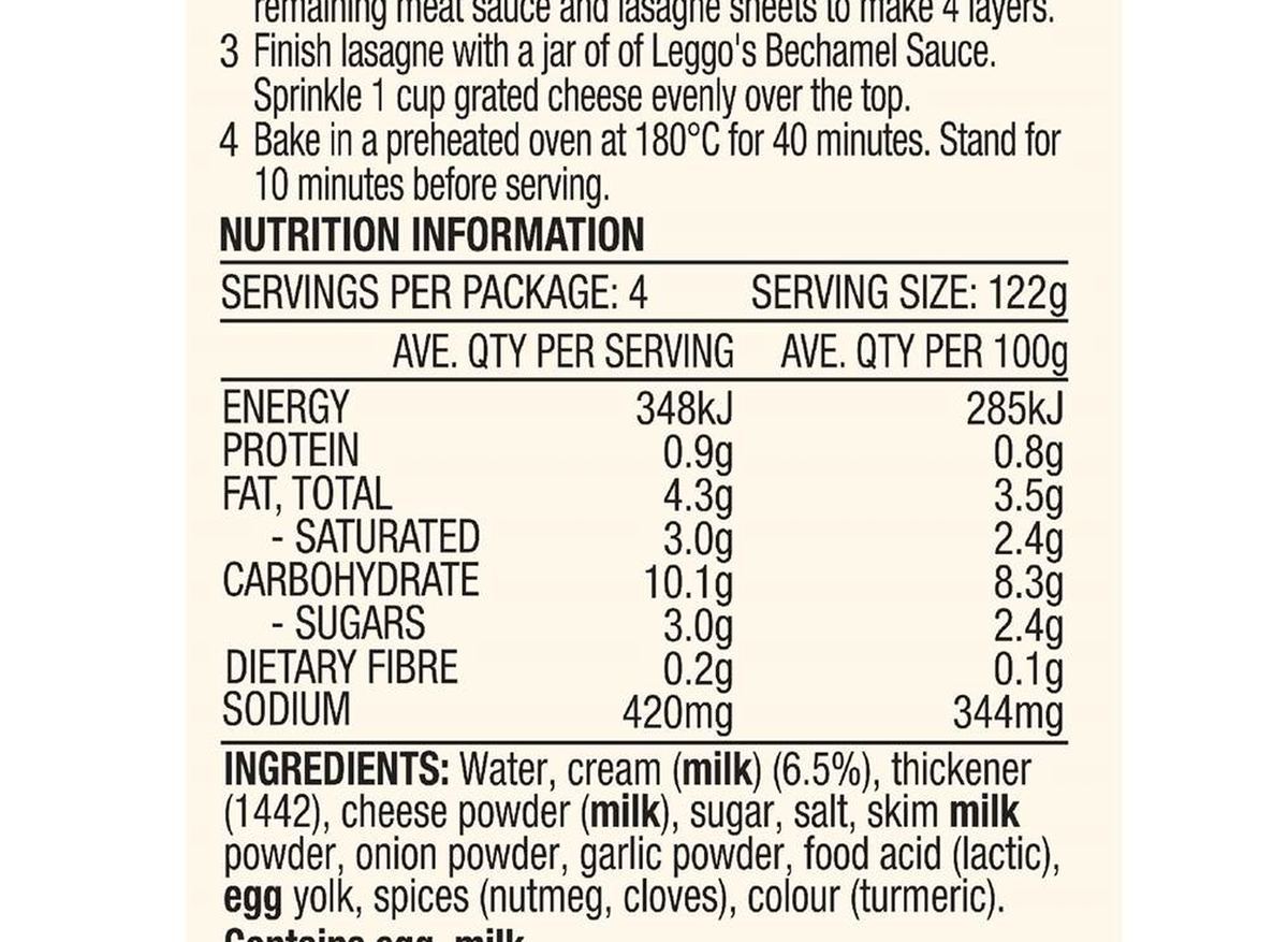 Pack photograph of Leggo's Bechamel Lasagne Sauce Made With Real Cream 490g showing the printed nutrition panel