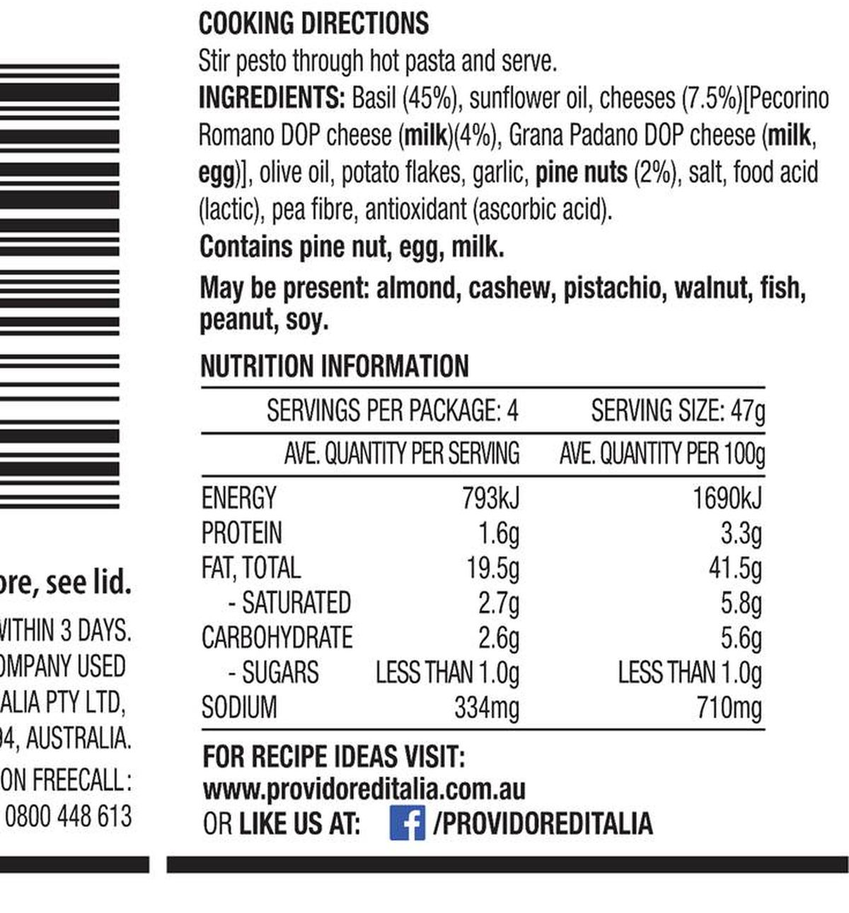 Pack photograph of Providore Italian Basil Pecorino & Pine Nut Pesto 190g showing the printed nutrition panel