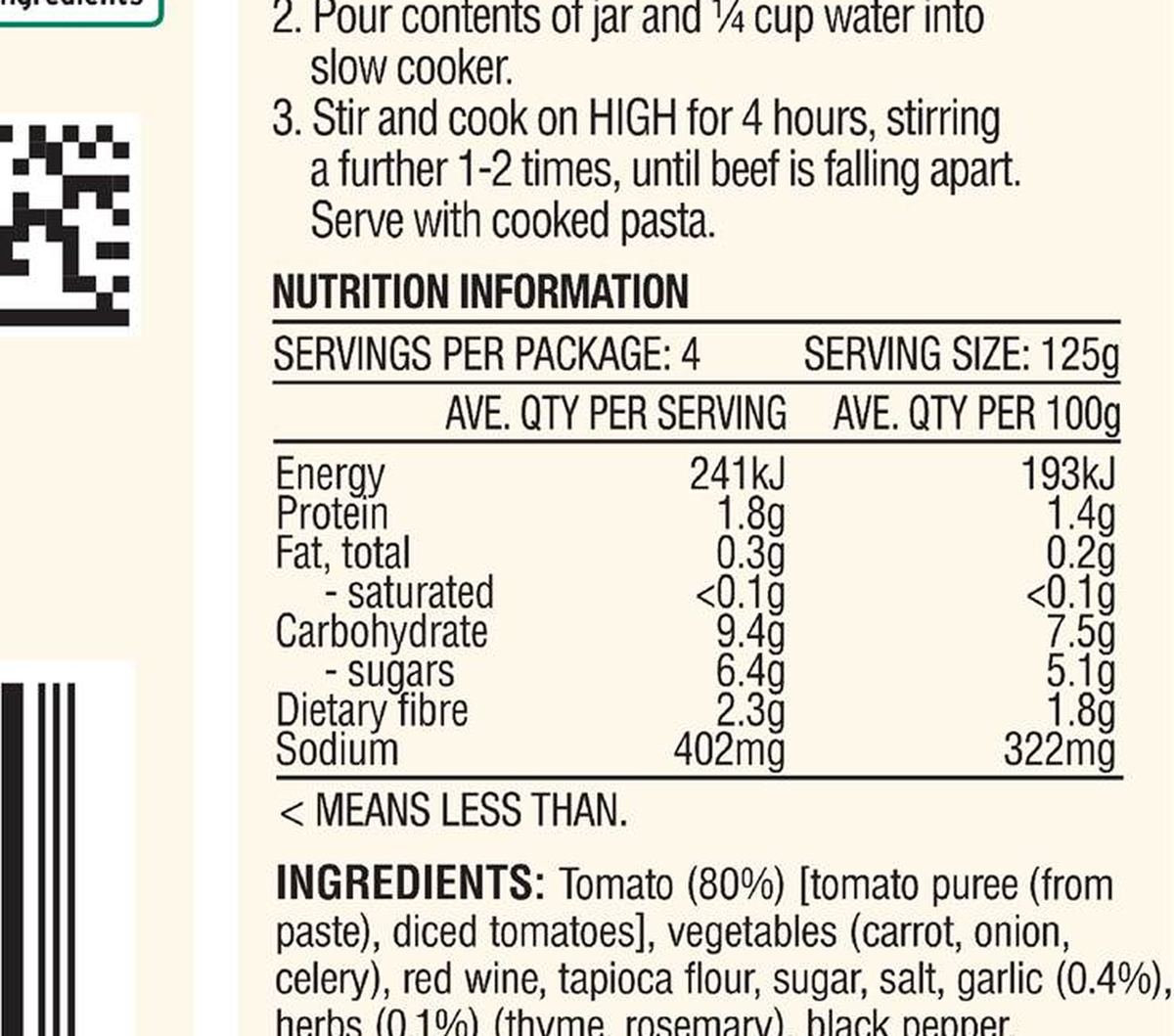 Pack photograph of Leggo's Beef Ragu with Chunky Tomato Garlic & Herbs Pasta Sauce 500g showing the printed nutrition panel