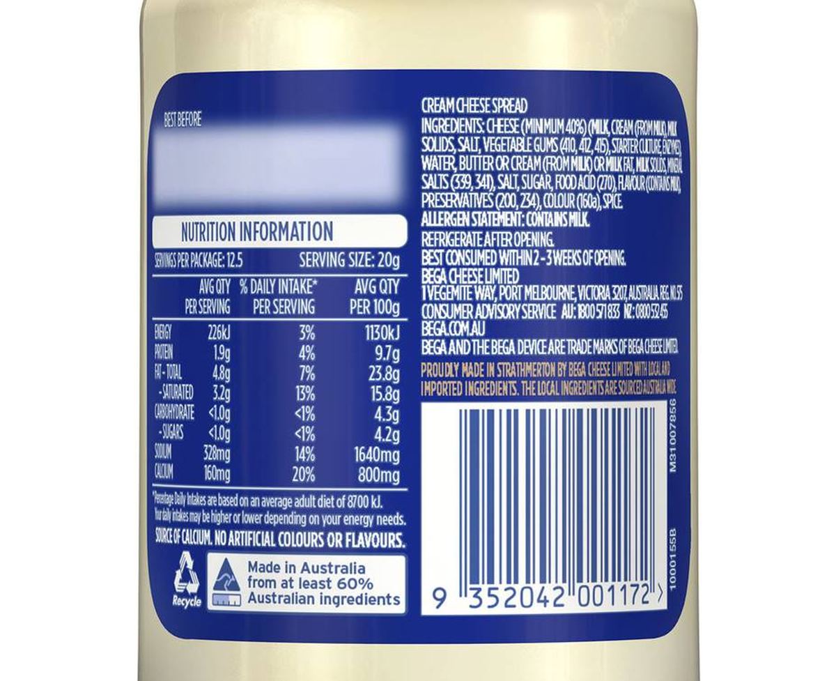 Pack photograph of Bega Cream Cheese Spread Bold 250g showing the printed nutrition panel