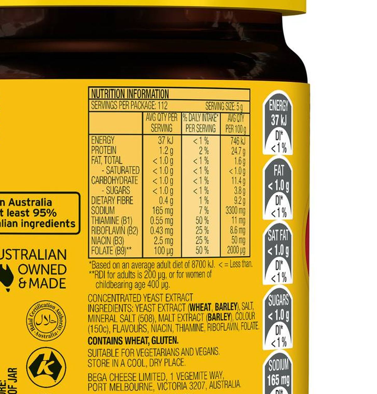 Pack photograph of Vegemite Spread 560g showing the printed nutrition panel