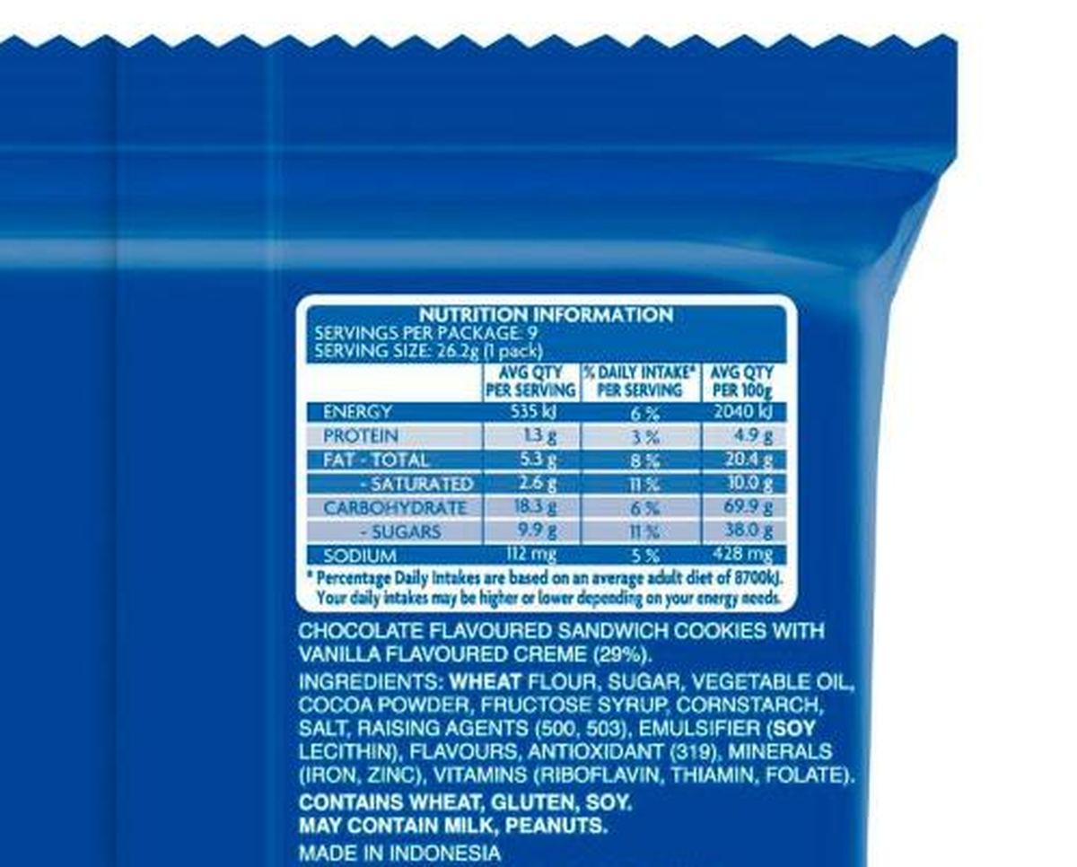 Pack photograph of Oreo Cookies Original 236g showing the printed nutrition panel