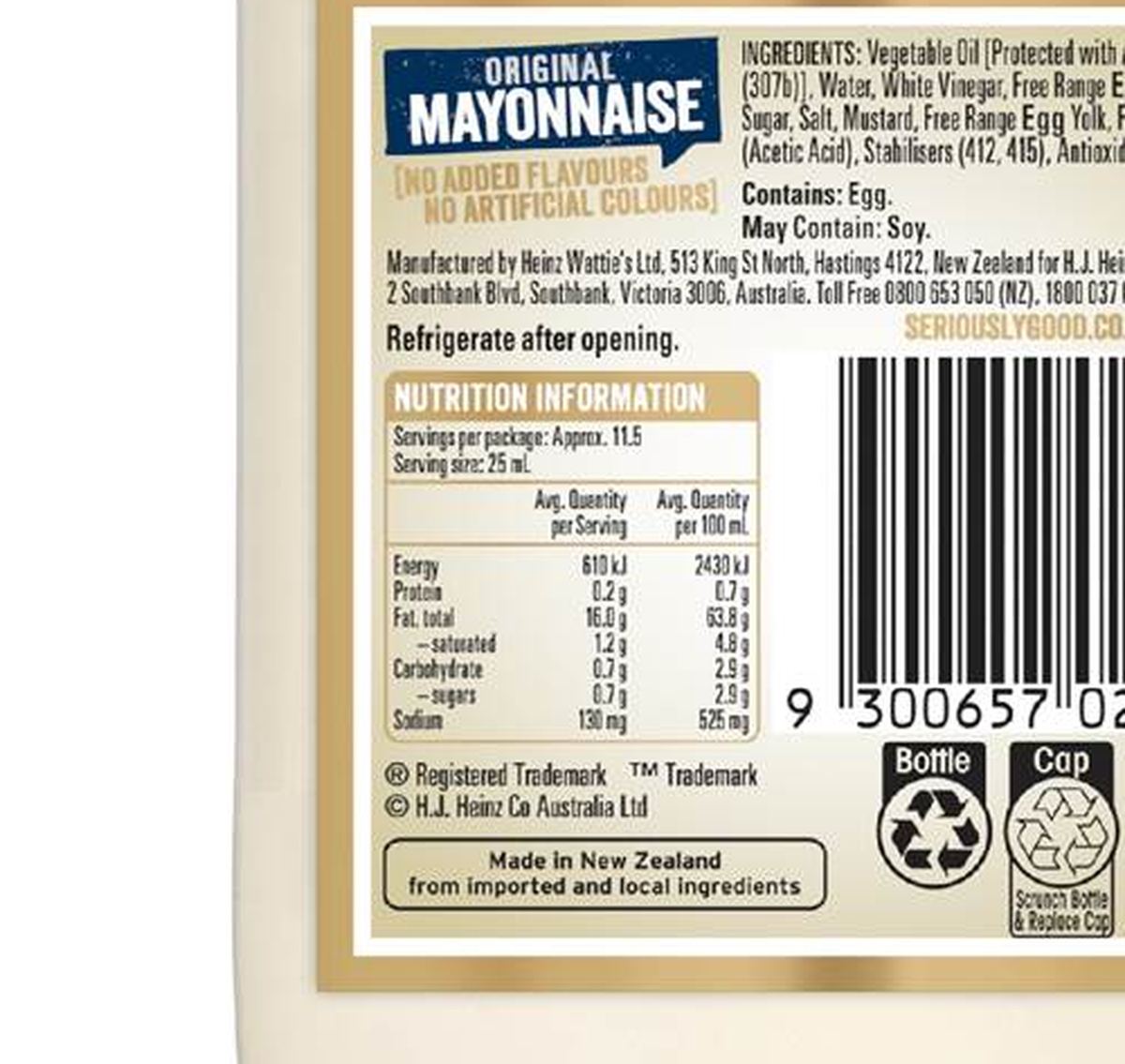 Pack photograph of Heinz Seriously Good Mayonnaise Original Mayo 295mL showing the printed nutrition panel