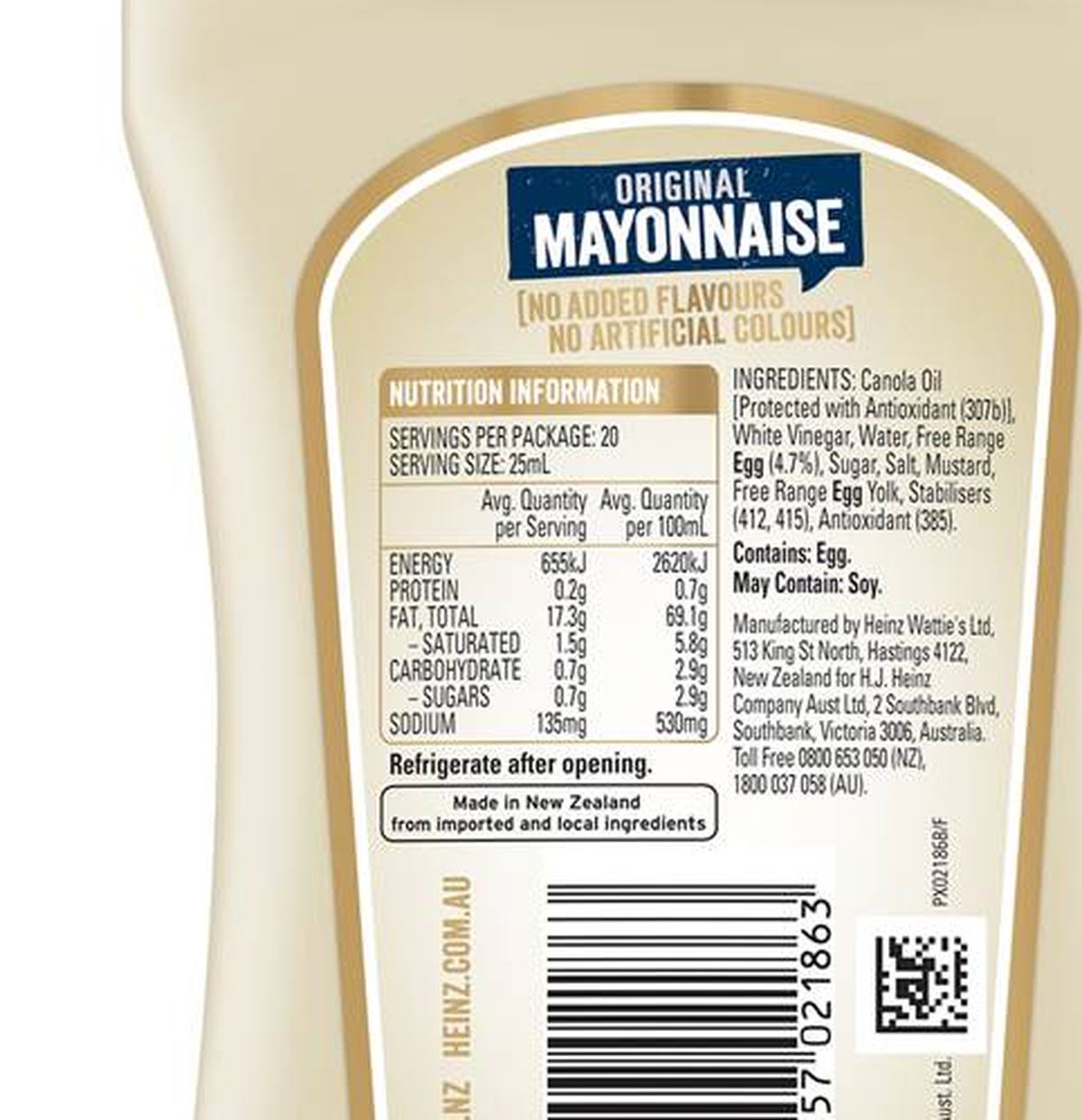 Pack photograph of Heinz Seriously Good Mayonnaise Original Mayo 500mL showing the printed nutrition panel