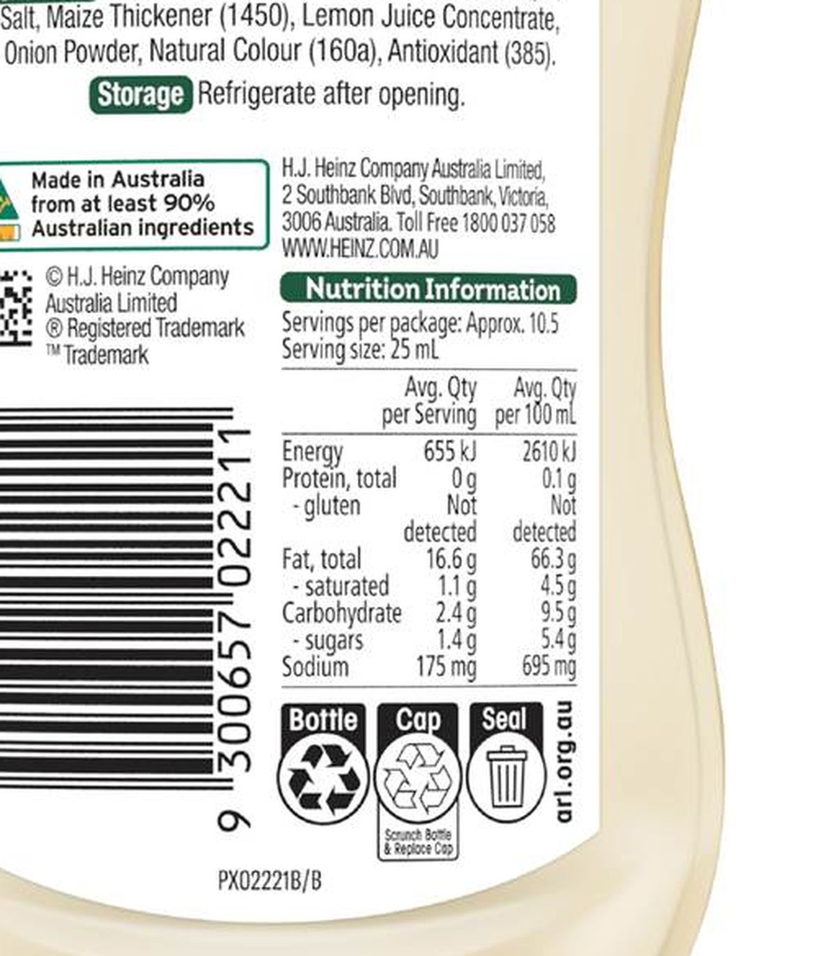 Pack photograph of Heinz Seriously Good Mayonnaise Vegan Mayo 270mL showing the printed nutrition panel